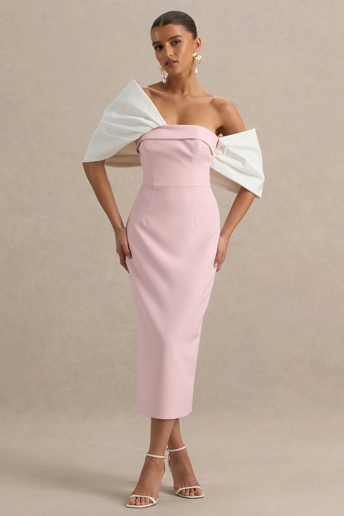Lucille Rose & Pink Asymmetric Bardot Midi Dress With Bow Detail