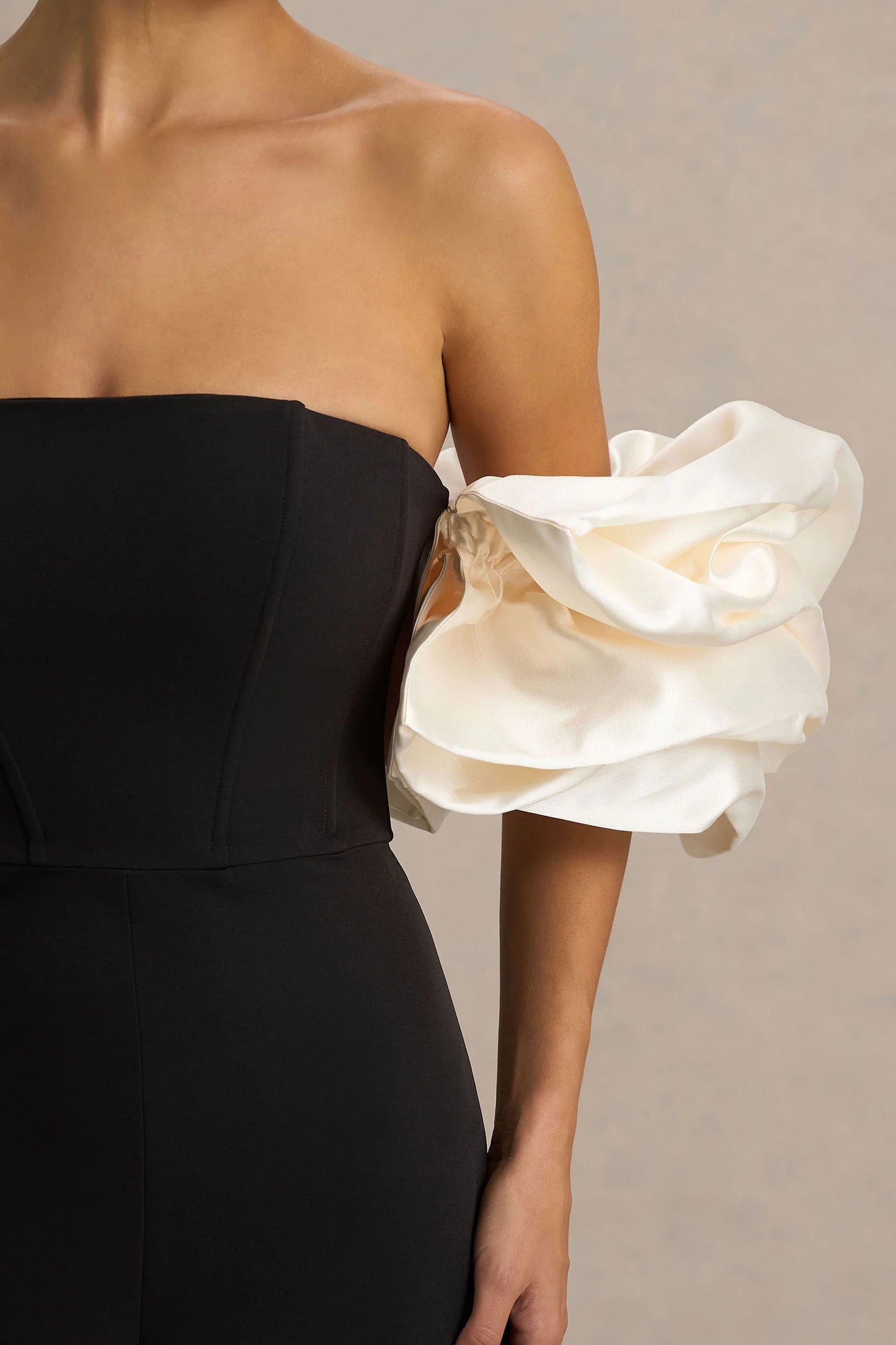 Panama Black Bardot Jumpsuit With Cream Puff Sleeves
