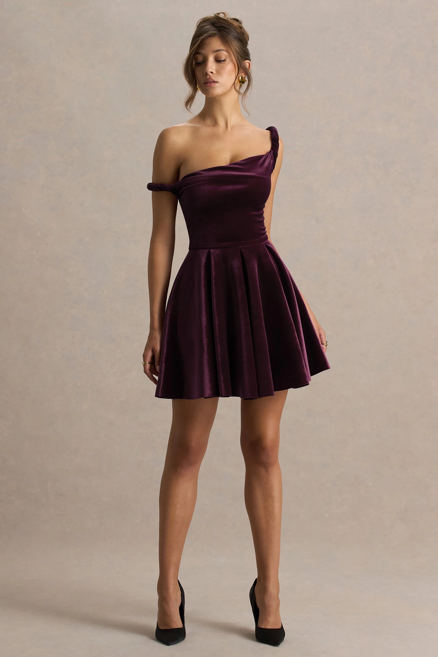 Leticia Burgundy Velvet Asymmetric-Neck Velvet Mini Dress With Twist-Sleeve