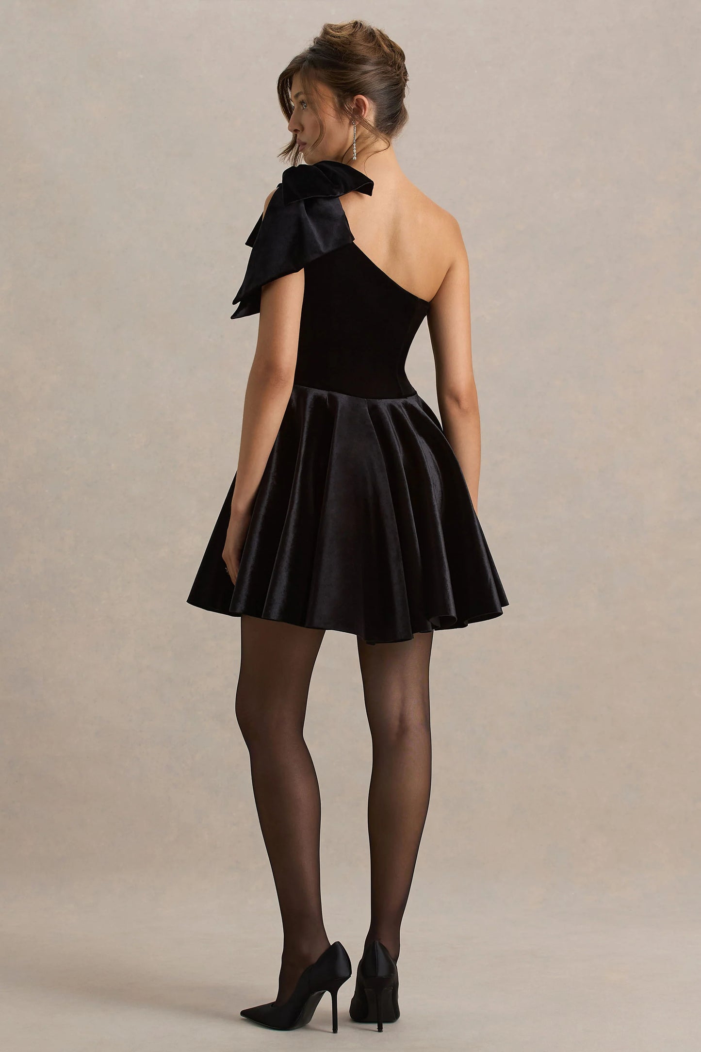 Keeley Black Asymmetric-Neck Velvet Mini Dress With Bow Detail