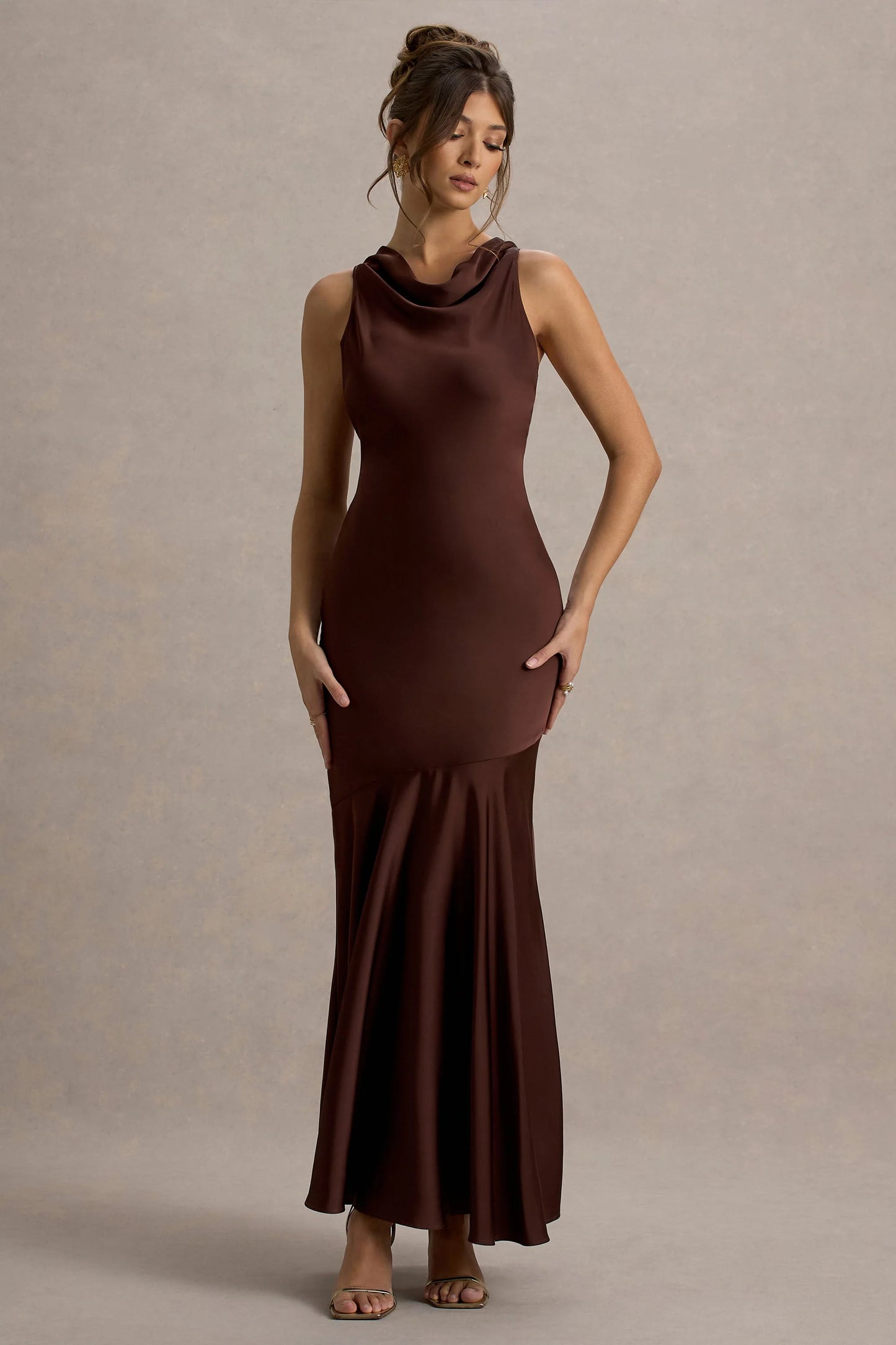 Amelita Brown Satin Cowl-Neck Maxi Dress