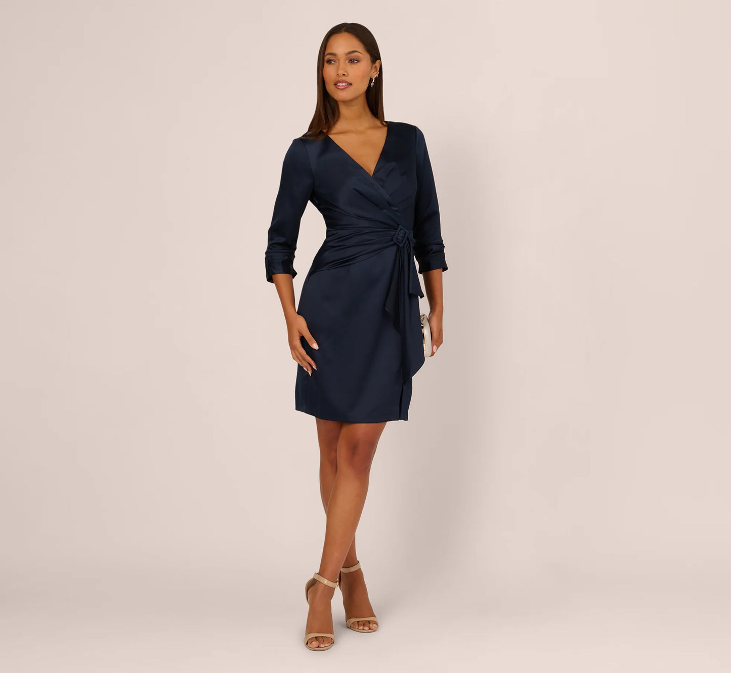 Three Quarter Sleeve Draped Satin Sheath Dress In Dark Navy