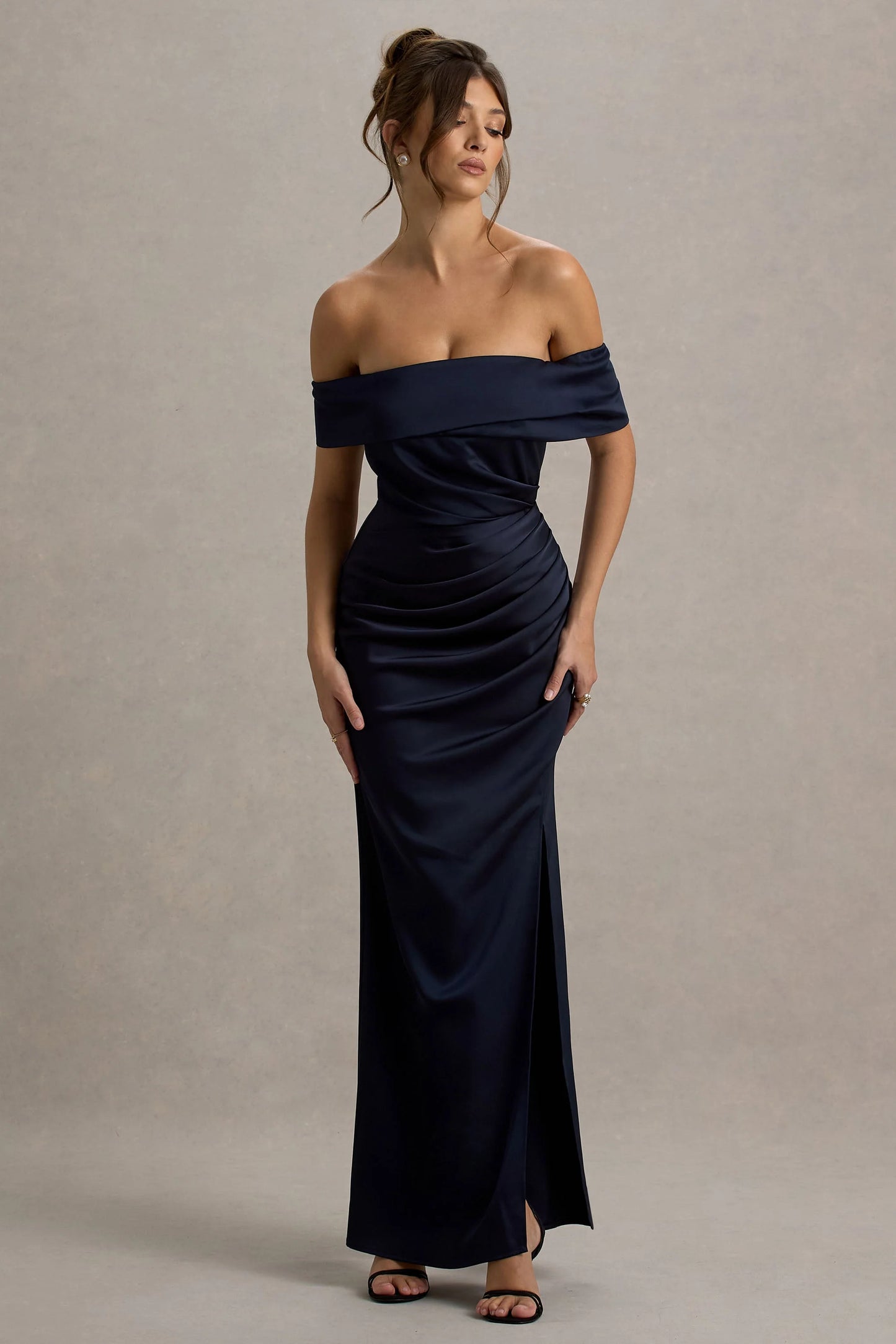 Martine Navy Satin Bardot Wrap Maxi Dress
