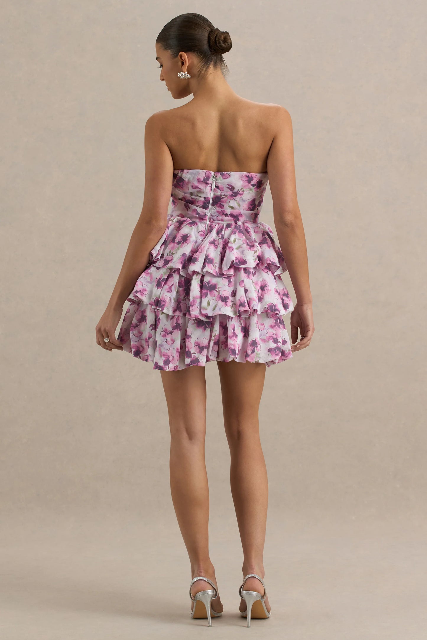 Swirl Cream Floral Print Bandeau Puffball Mini Dress With Ruffle Detail