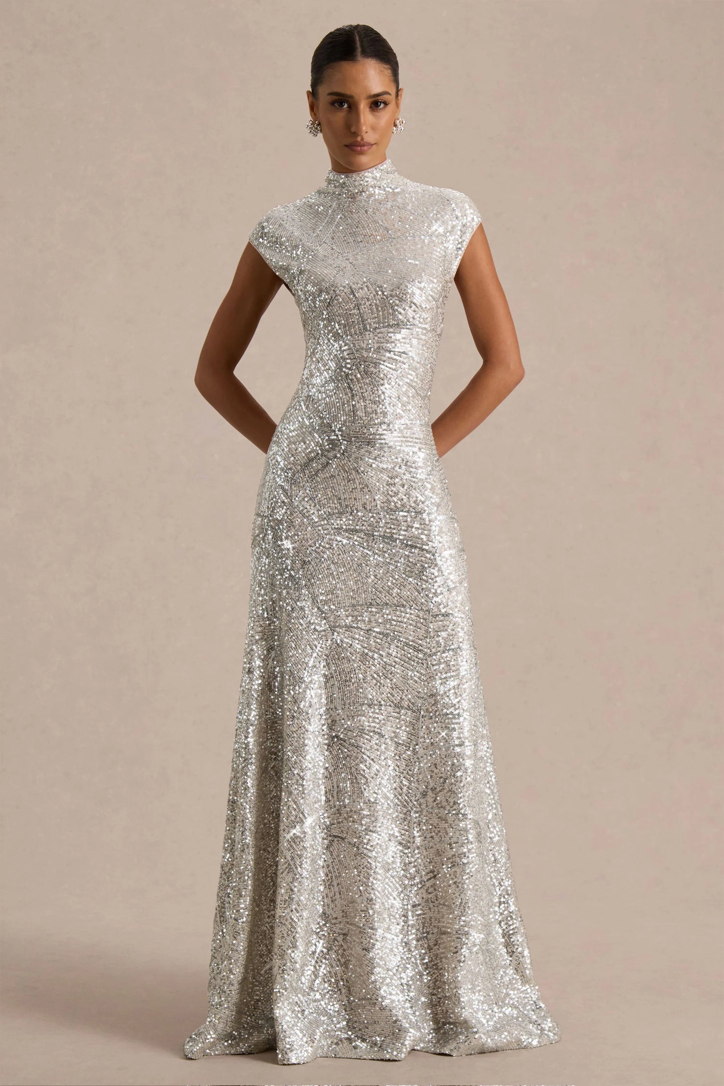 Cecy Silver Sequin High-Neck Maxi Dress With Cap Sleeves