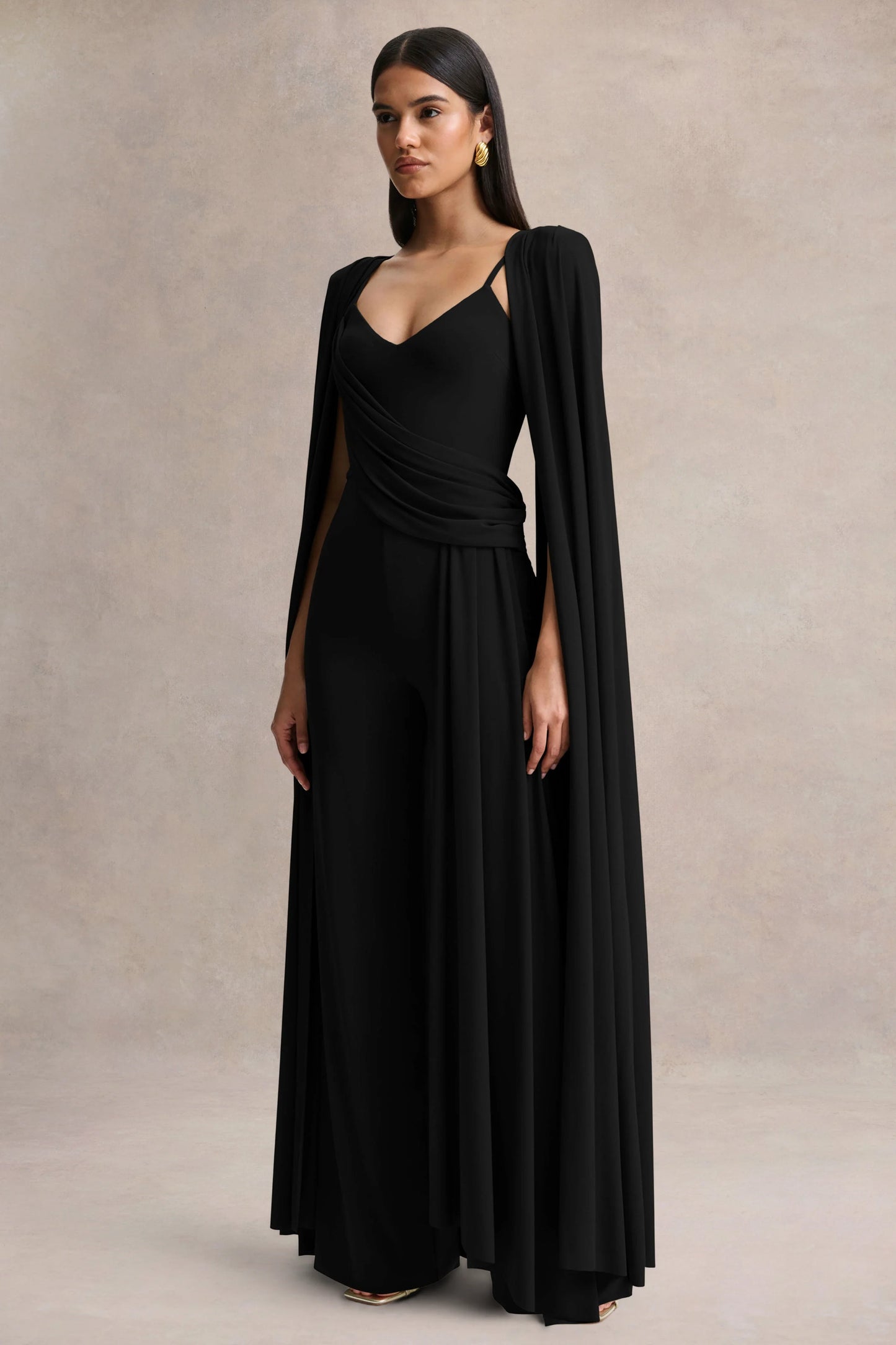 Labina Black Plunge-Neck Jumpsuit With Cape-Sleeves