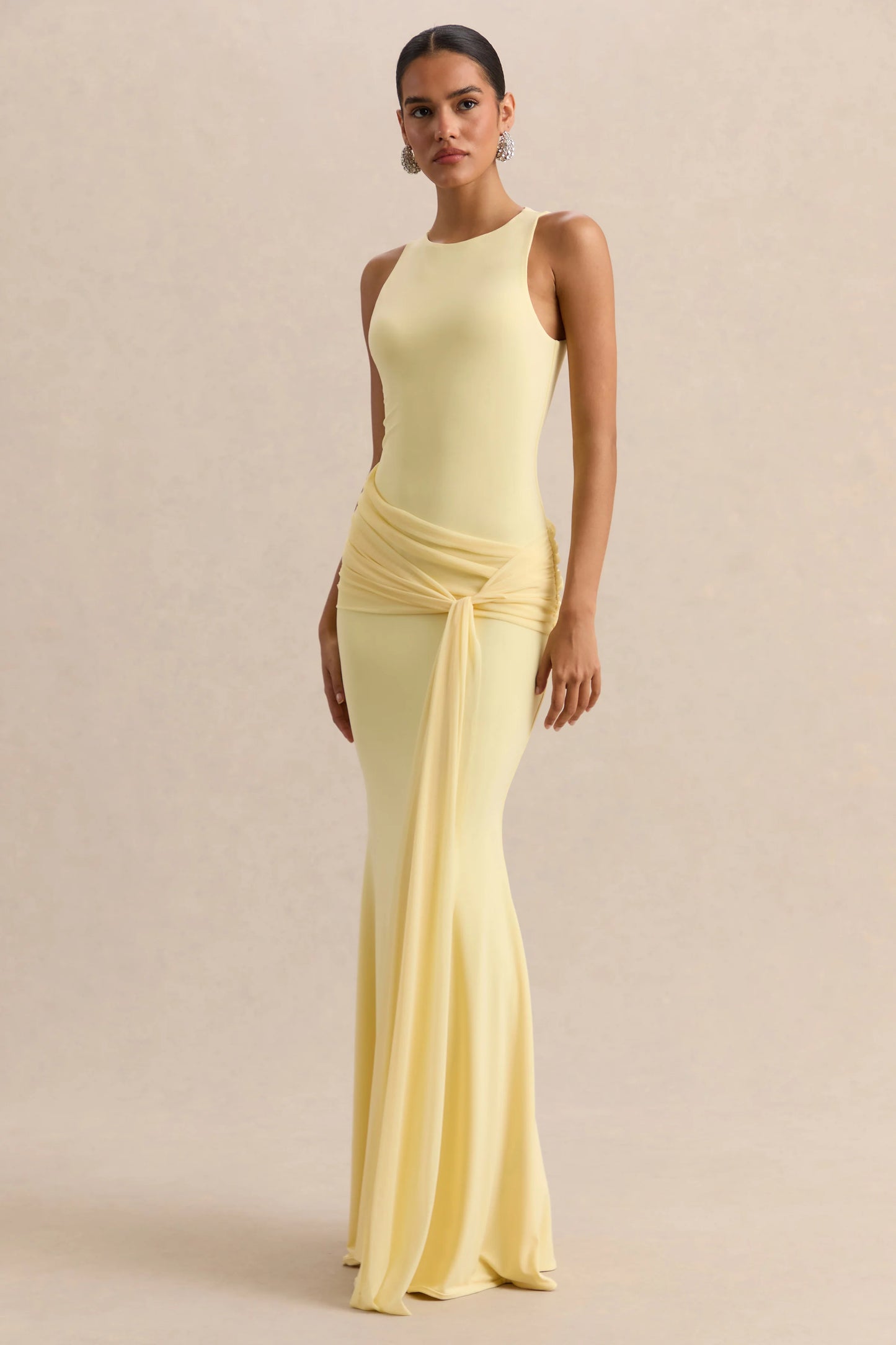 Mirene Lemon Round-Neck Maxi-Dress With Gathered-Detailing And Sash