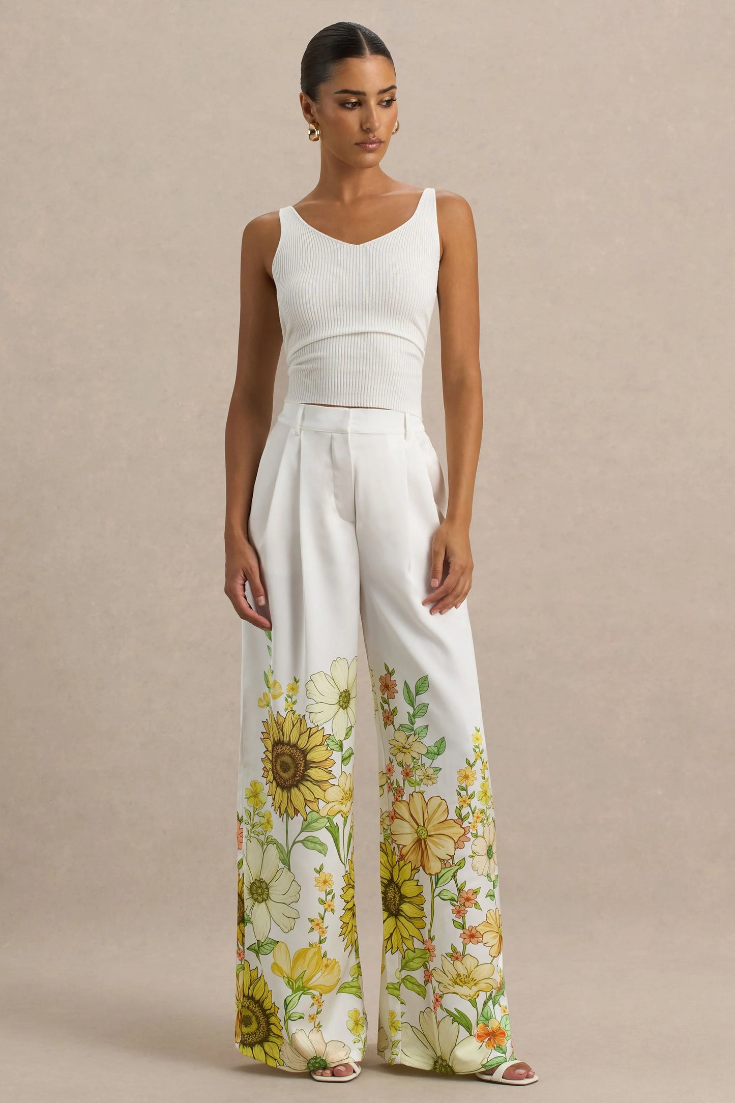 Louise Sunflower Print Wide-Leg Trousers