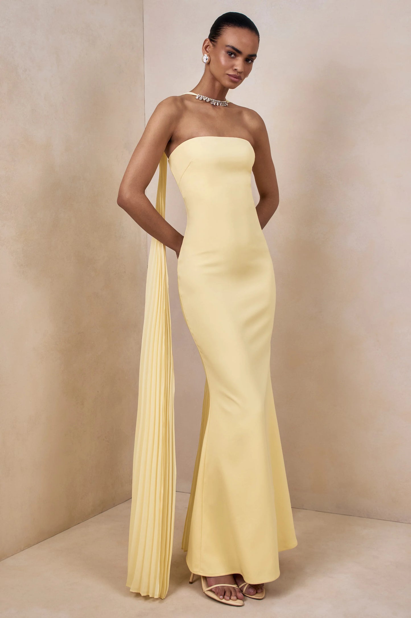 Avery Lemon Bandeau Maxi Dress With Embellished Scarf
