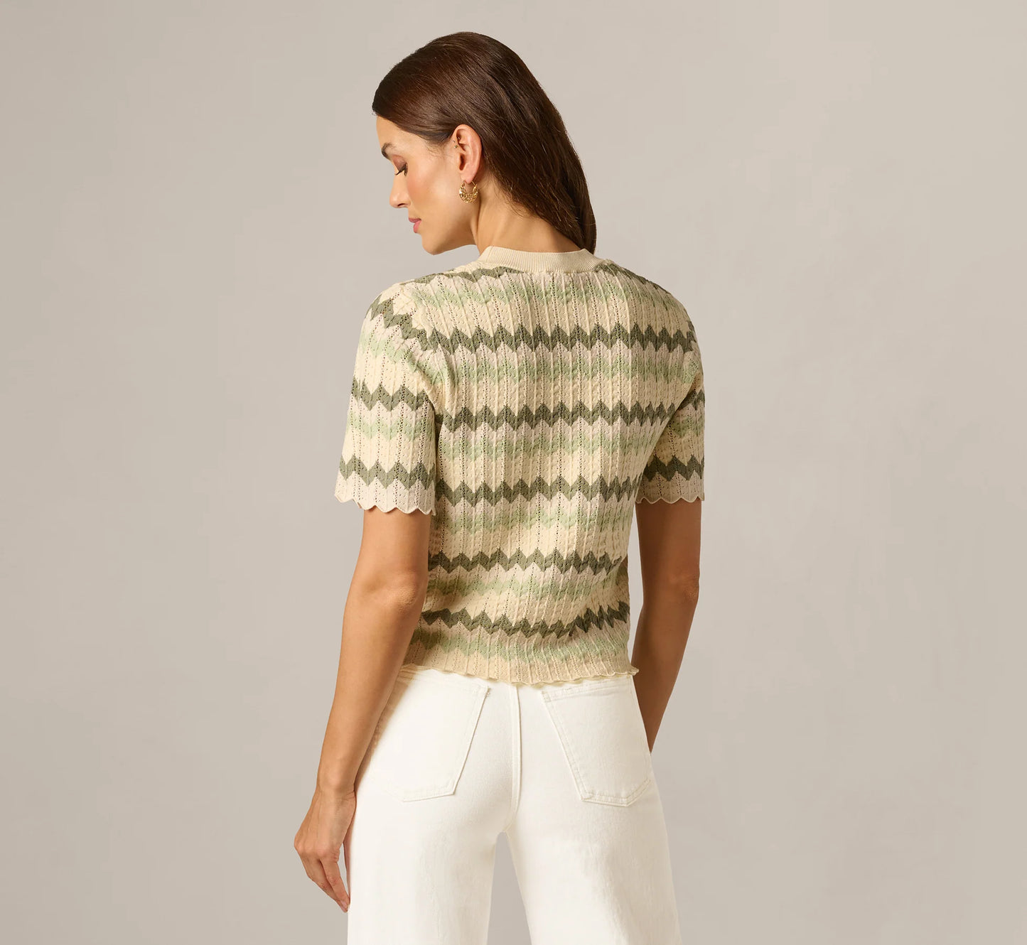 Short Sleeve Open Pointelle Scalloped Sweater In Dusty Sage Green Chevron