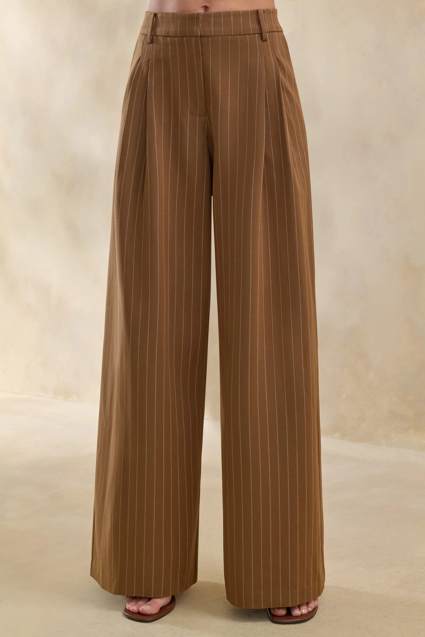 Meliva Brown Pinstripe Wide-Leg Tailored Trouser