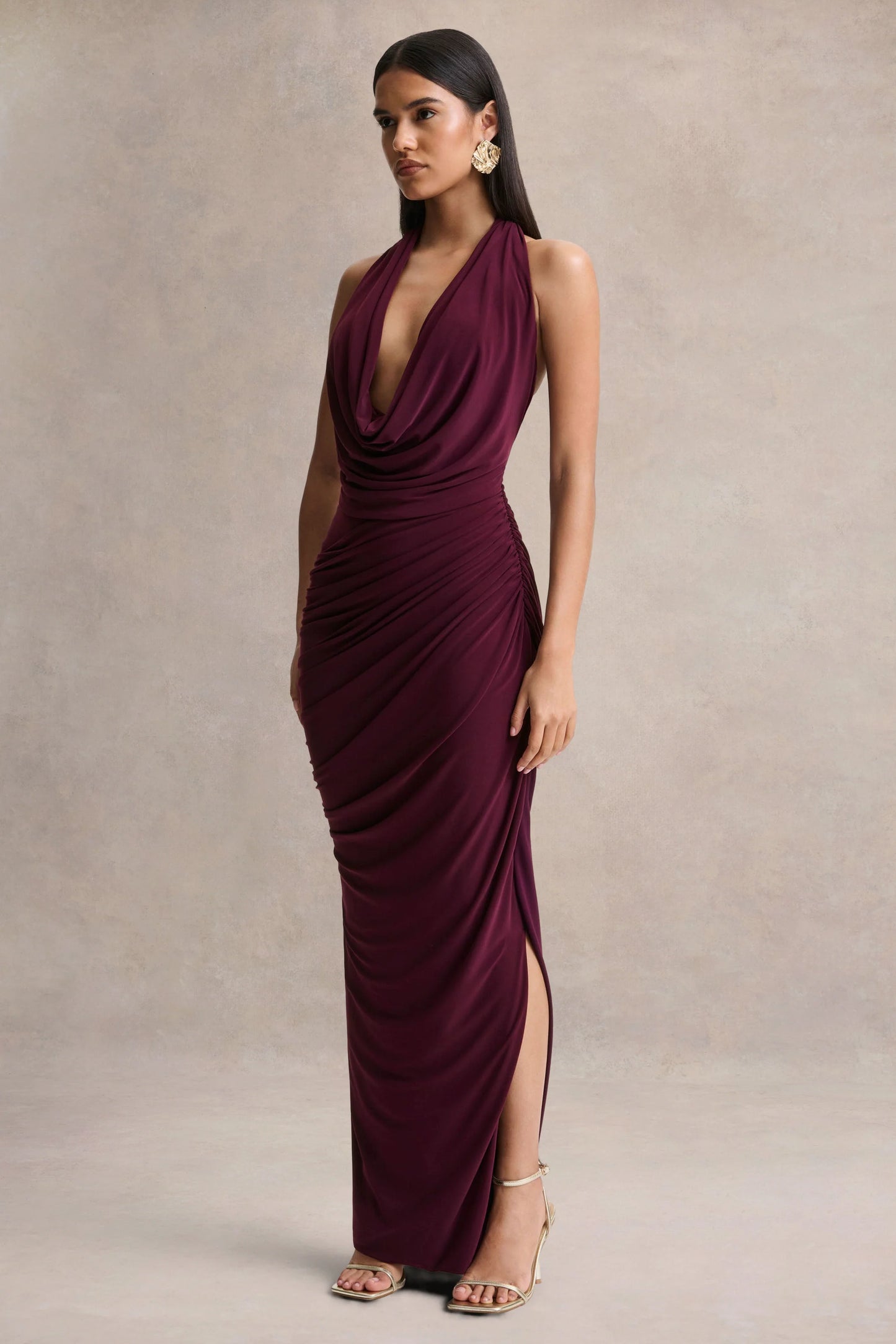 Cairo Burgundy Cowl-Neck Maxi Dress With Gathered Detailing