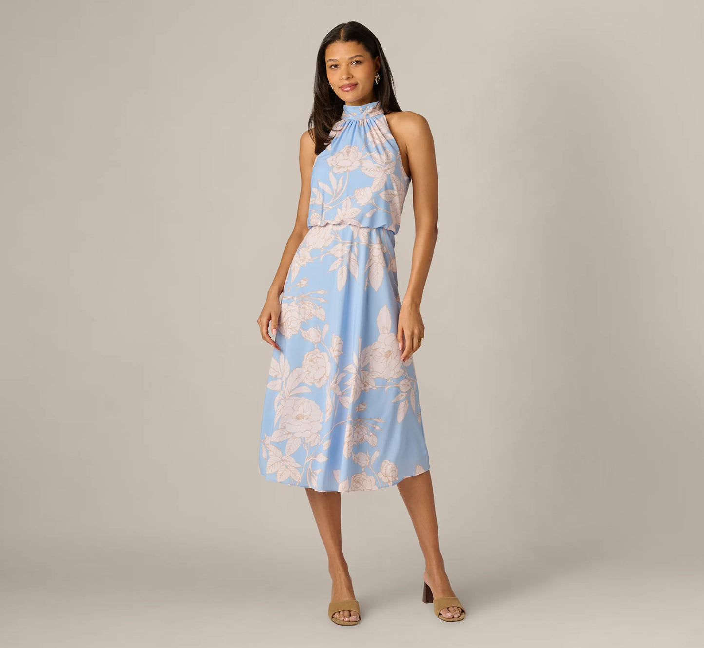 Floral Chiffon Blouson Halter Midi Dress In Blue Ivory