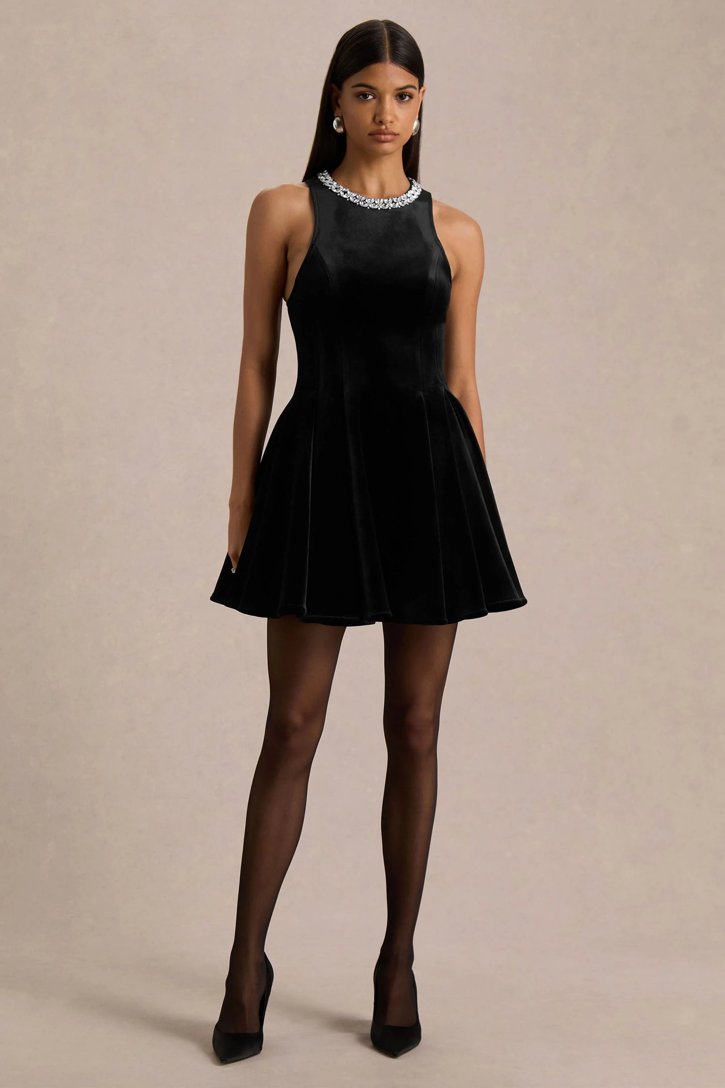 Meva Black Velvet Hand-Embellished High-Neck Mini Dress