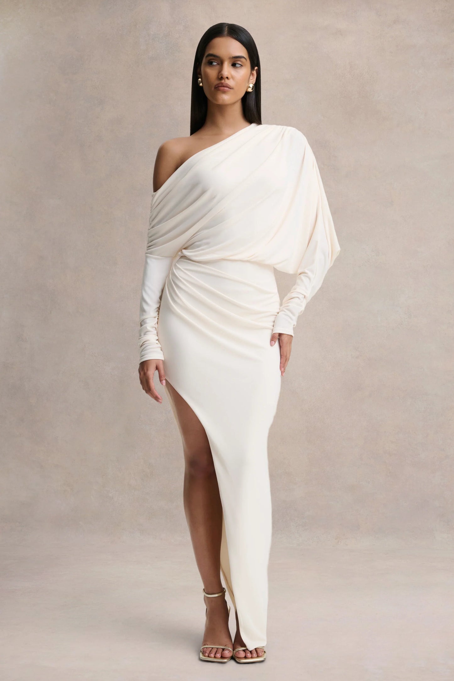 Olivia Cream Asymmetric-Neck Maxi Dress With Ruched Detailing Asymmetric-Hem