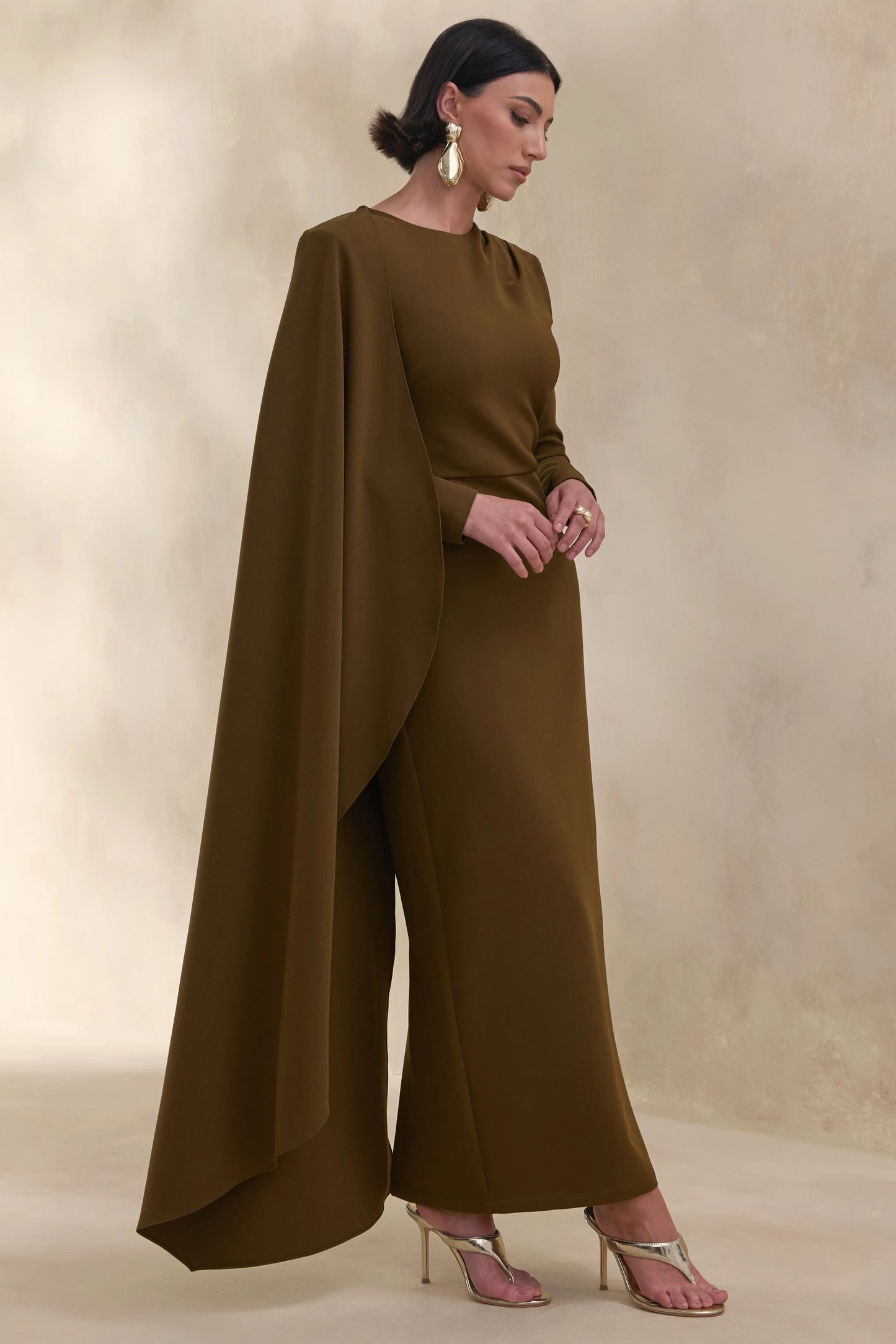 Jovea Olive Round-Neck Maxi Dress With Cape-Sleeve
