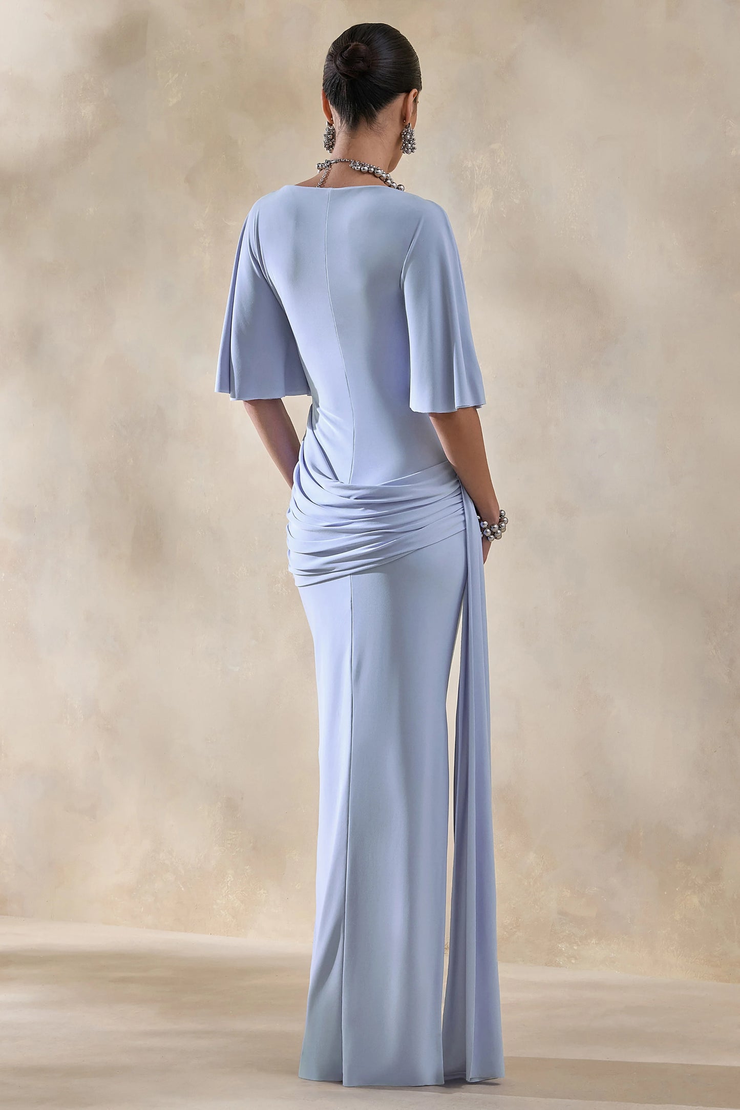 Emerelle Powder Blue Wide-Neck Maxi Dress With Sash And Draped-Detailing
