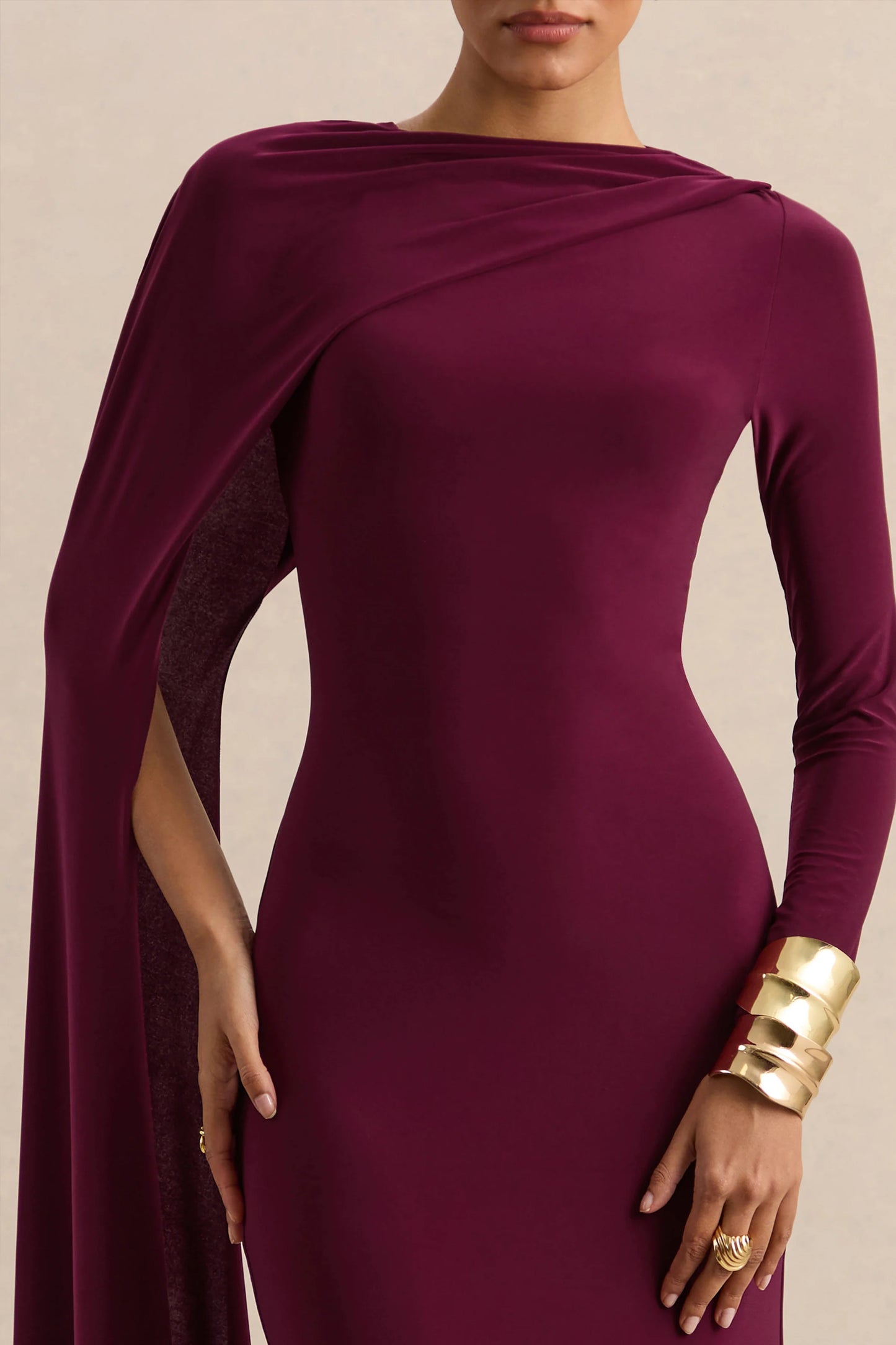 Halina Burgundy High-Neck Maxi Dress With Cape-Sleeve