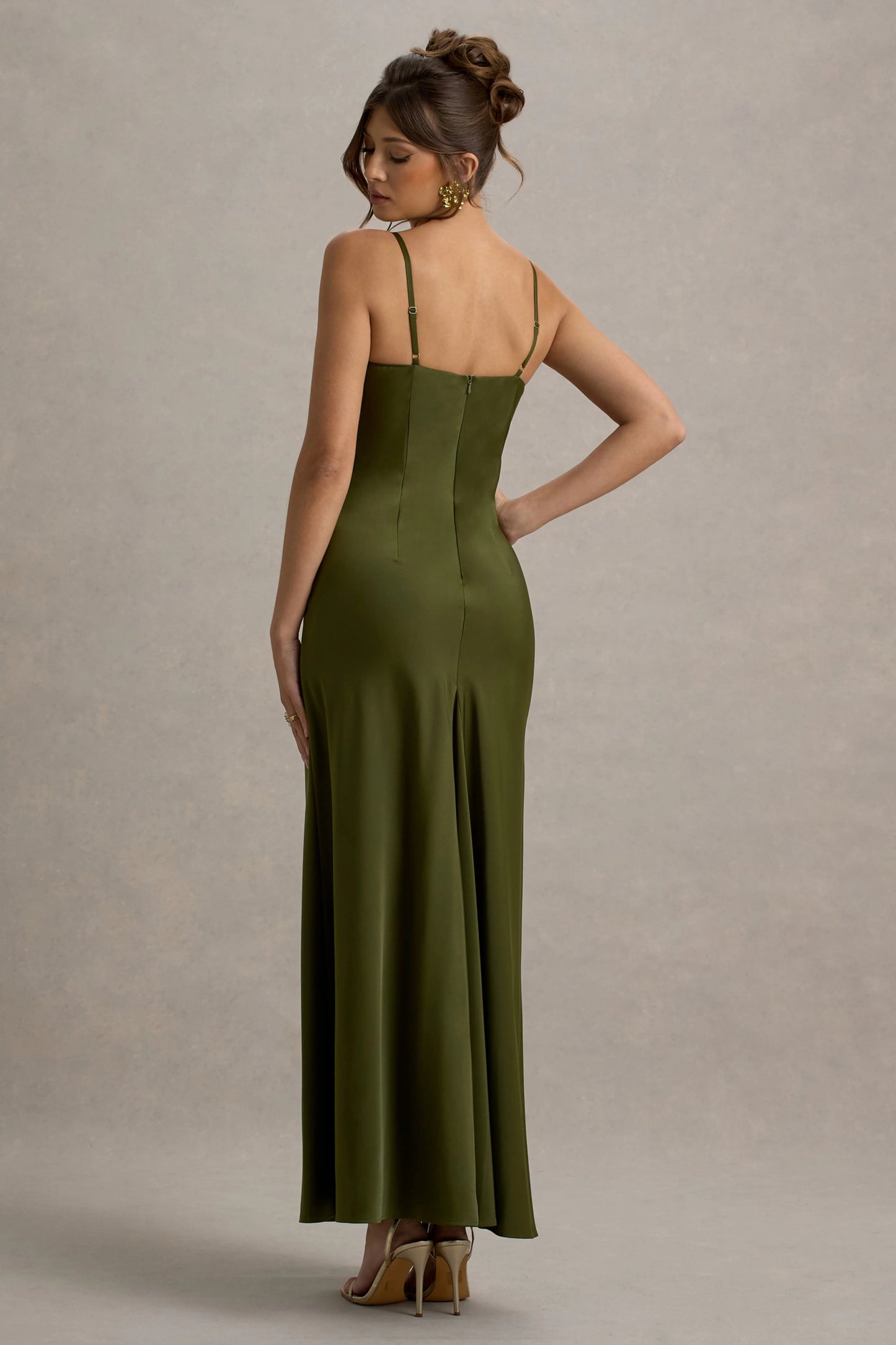 Eimear Olive Green Satin Draped Sweetheart Maxi Dress