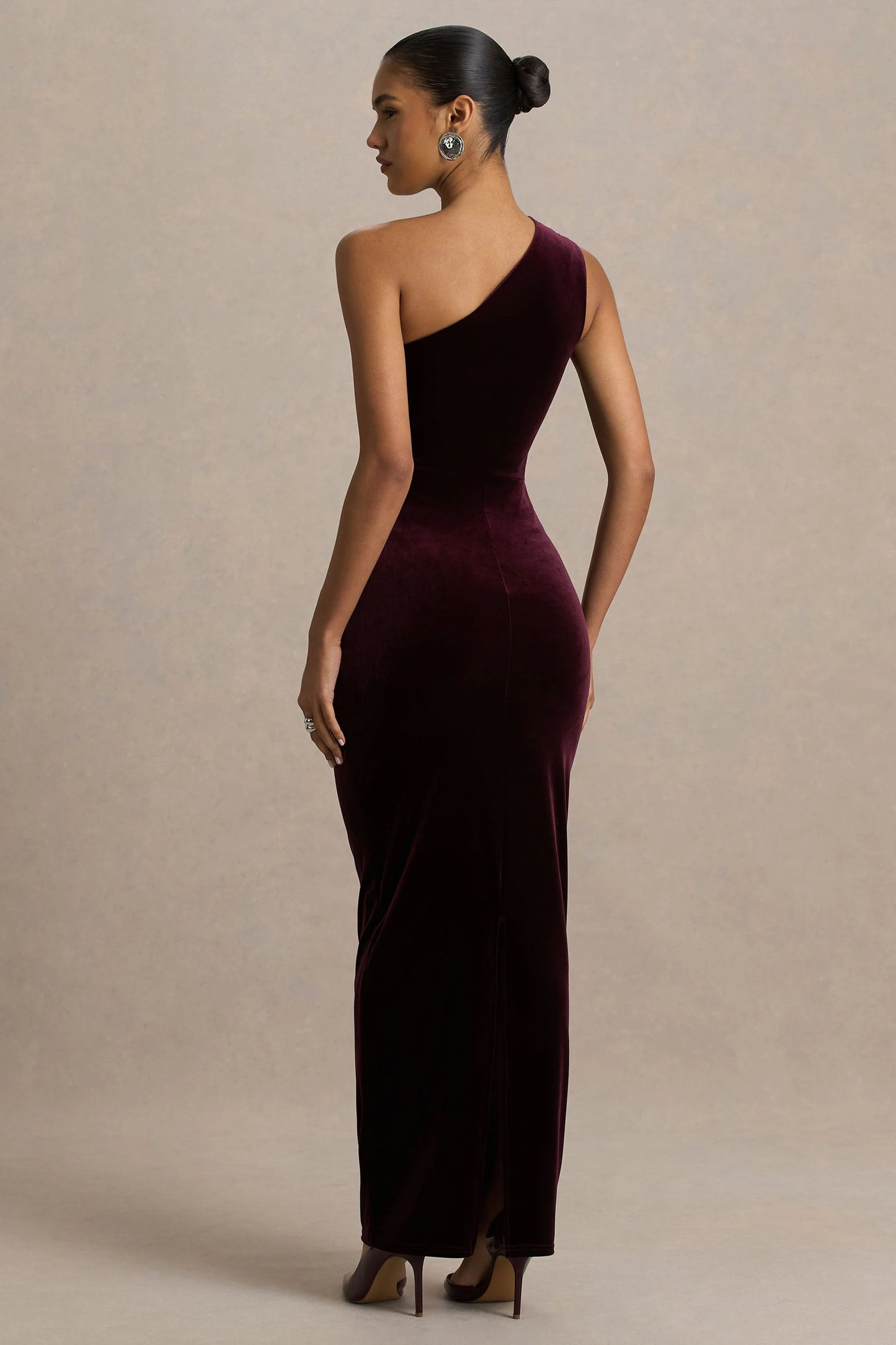 Treat Burgundy Velvet Asymmetric-Neck Maxi Dress With Ruched Detailing.