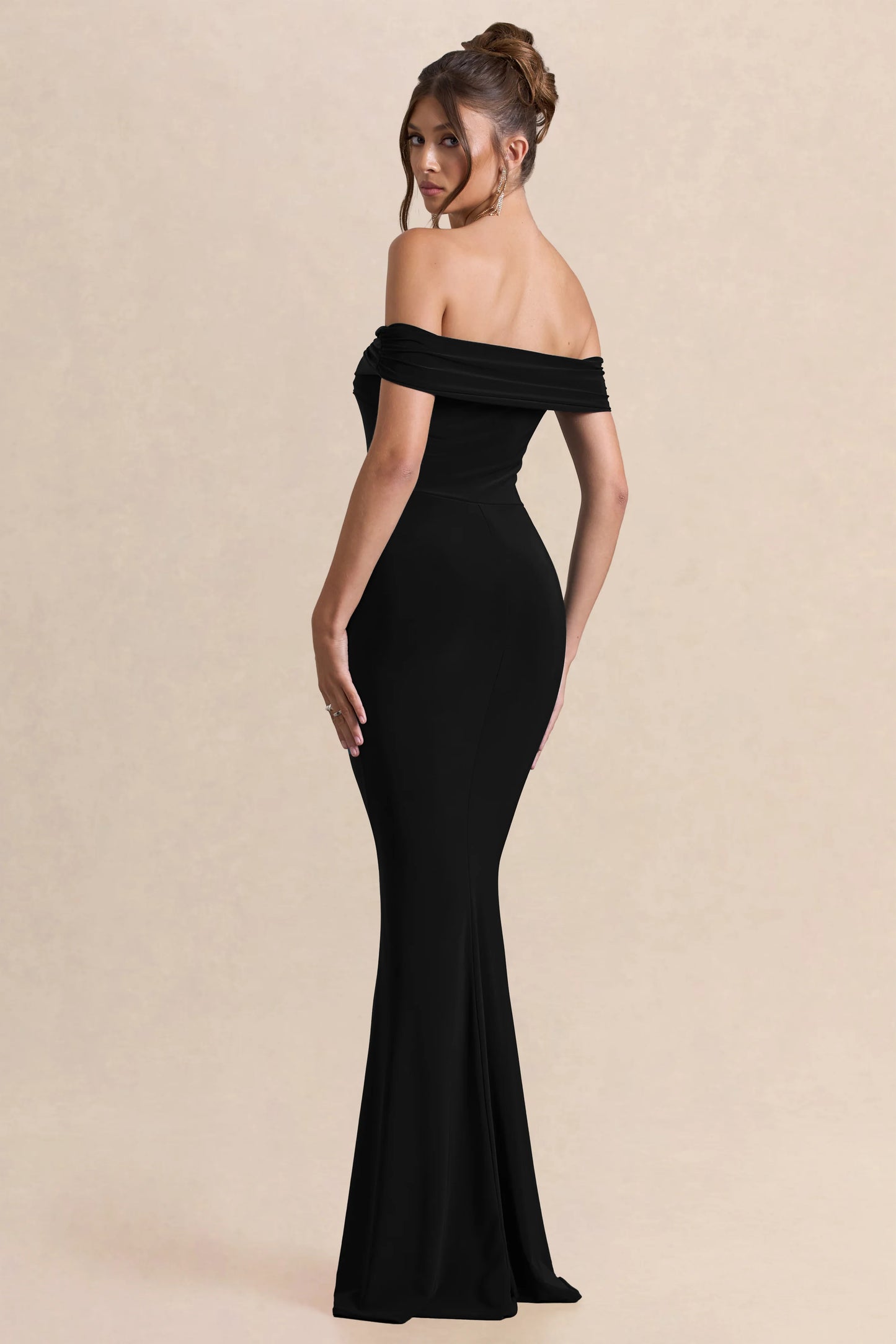 Law of Attraction Black Bardot Draped Split Maxi Dress