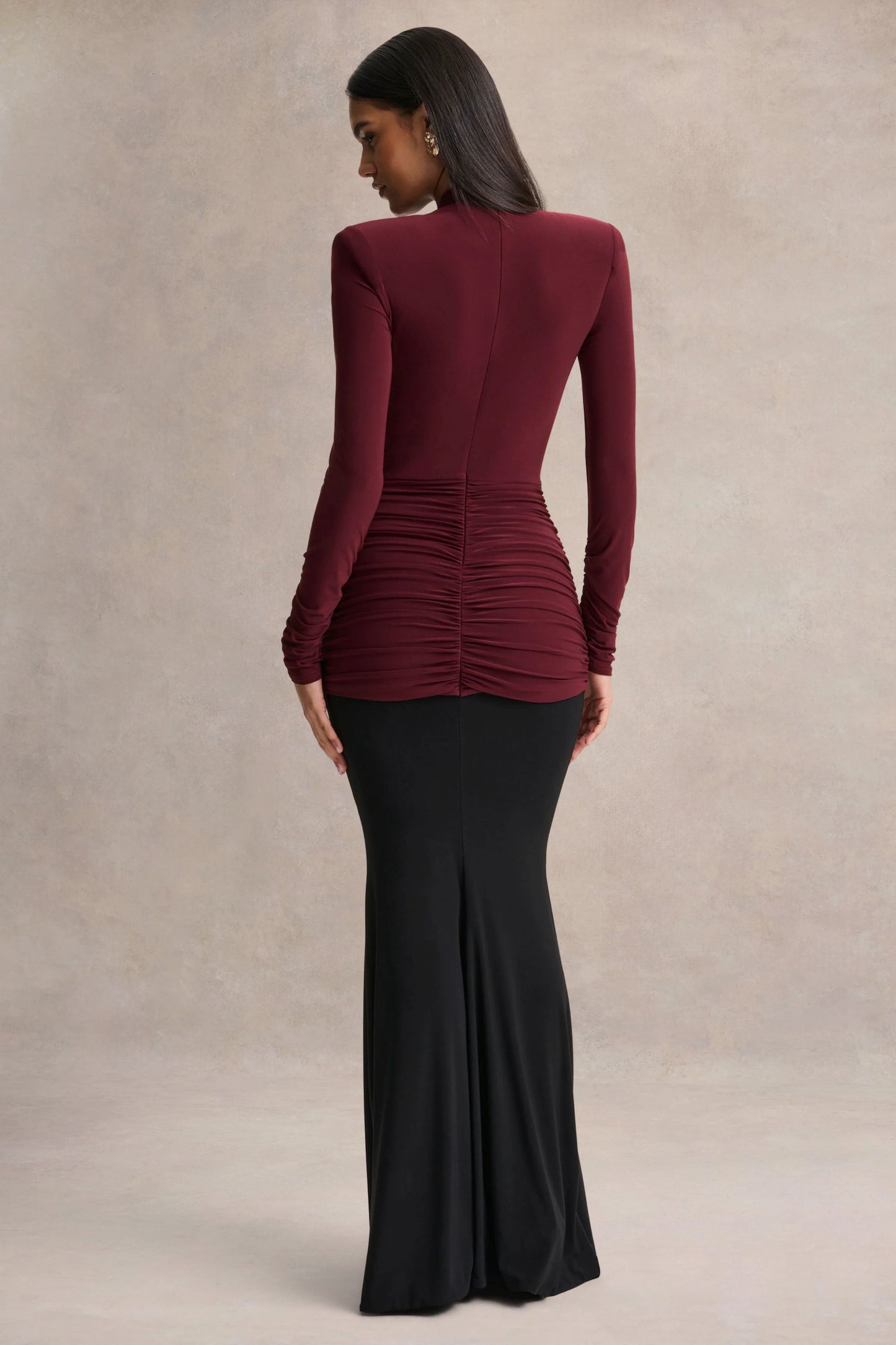 Halston Burgundy And Black Plunge-Neck Maxi Dress With Gathered-Detailing