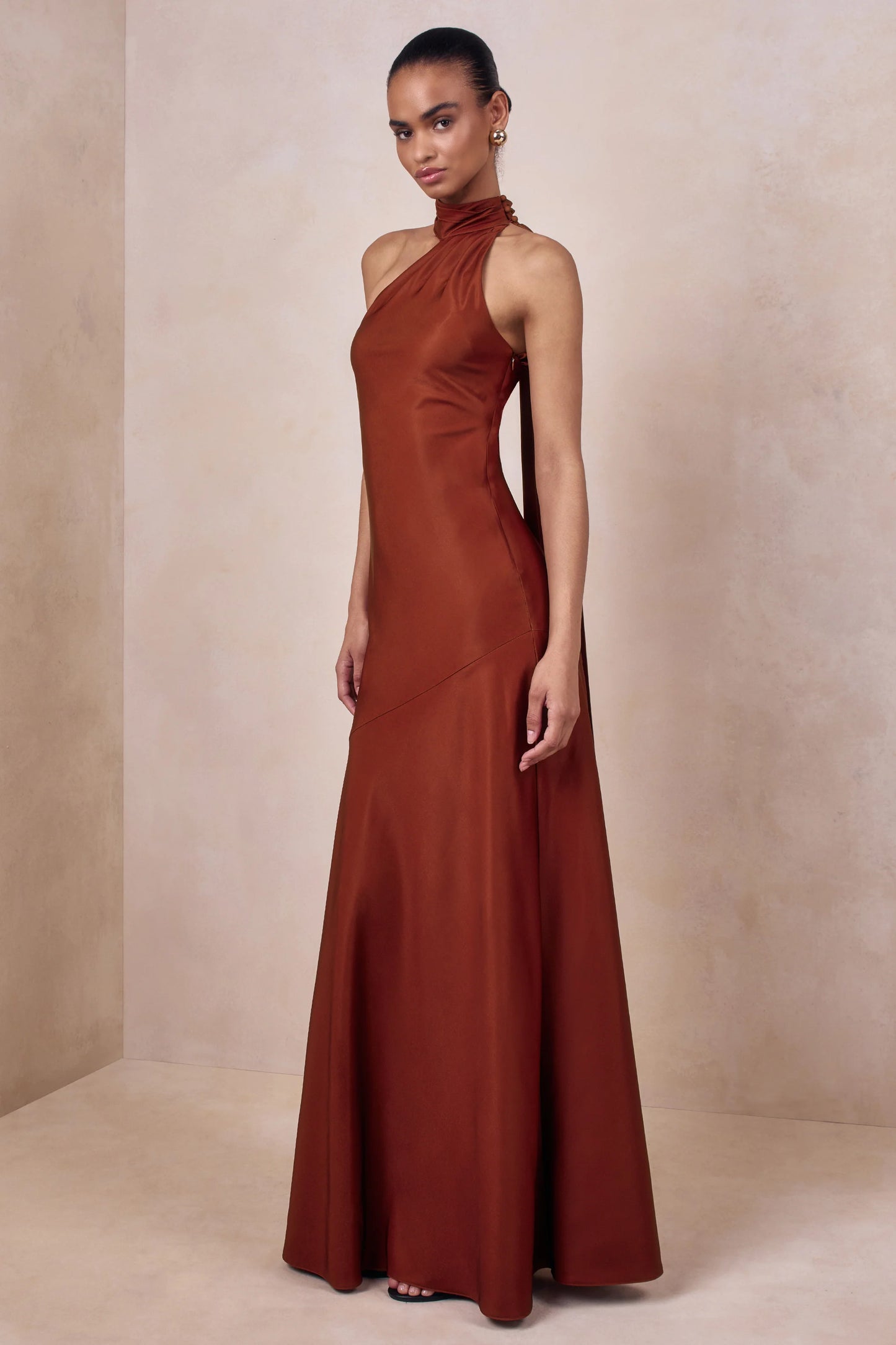 Cara Rust Matte Satin High-Neck Maxi Dress