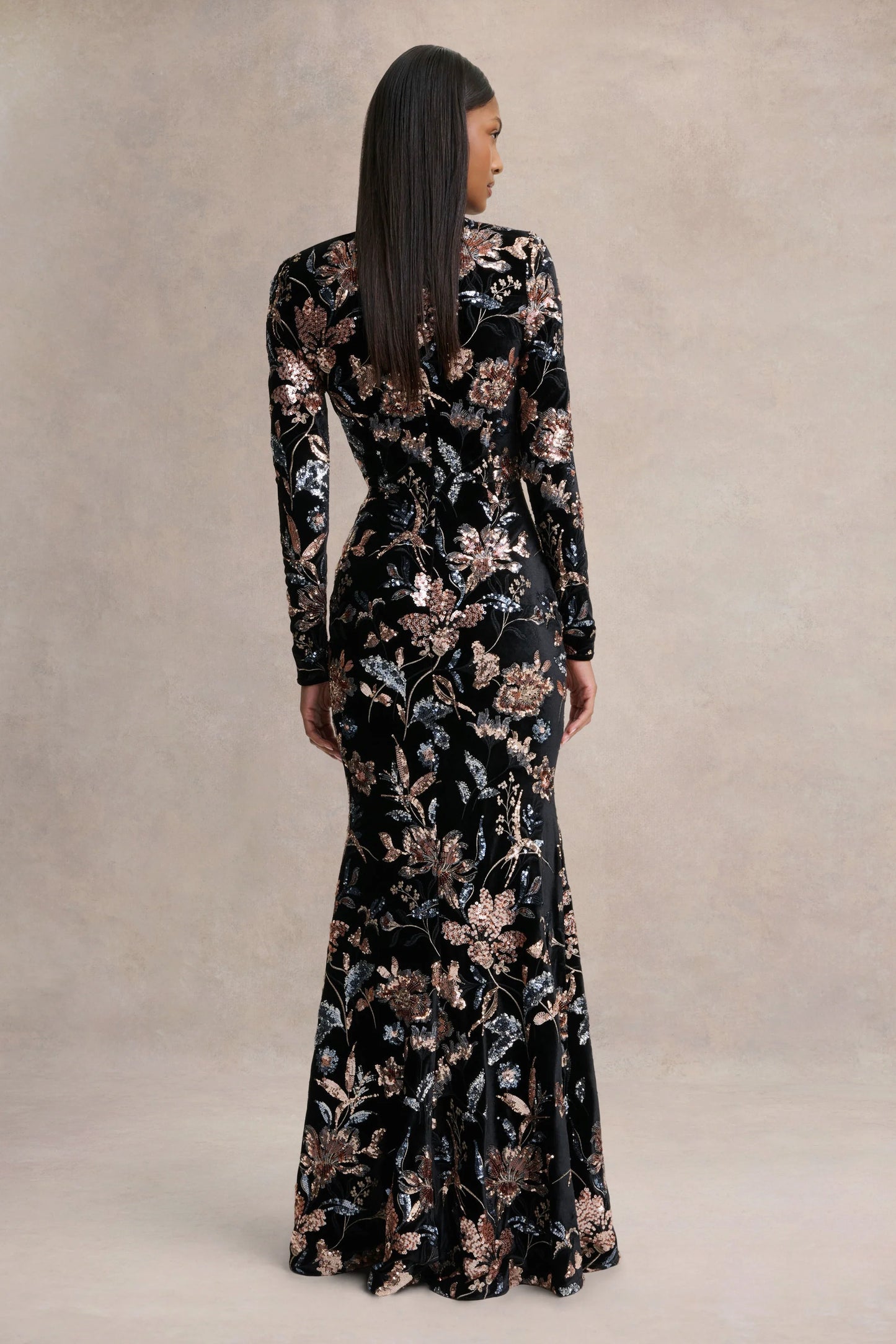 Lyric Black Floral Velvet And Sequin Embellished Crew-Neck Maxi Dress