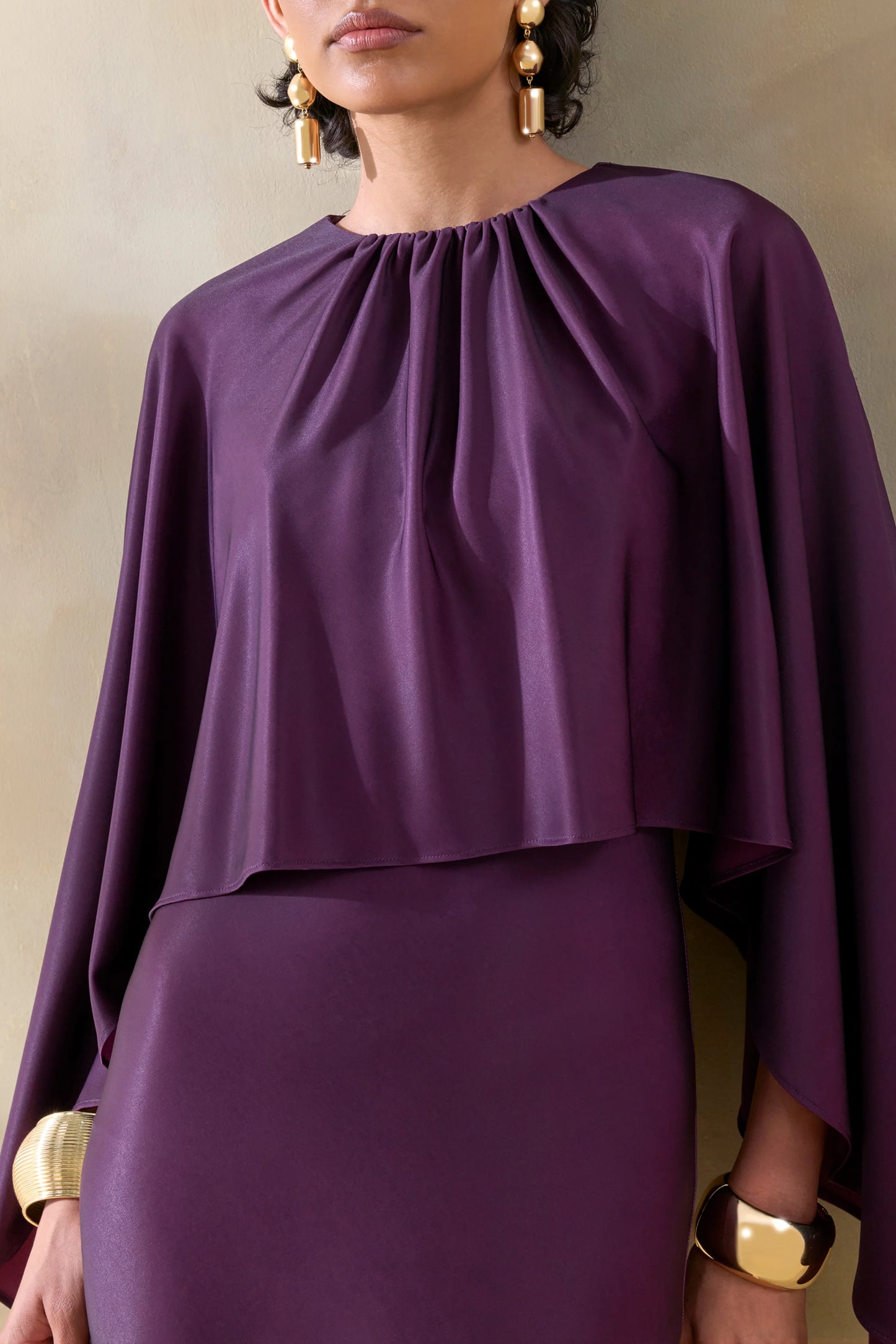 Vanthea Dark Plum Satin Round-Neck Maxi Dress With Cape-Sleeves