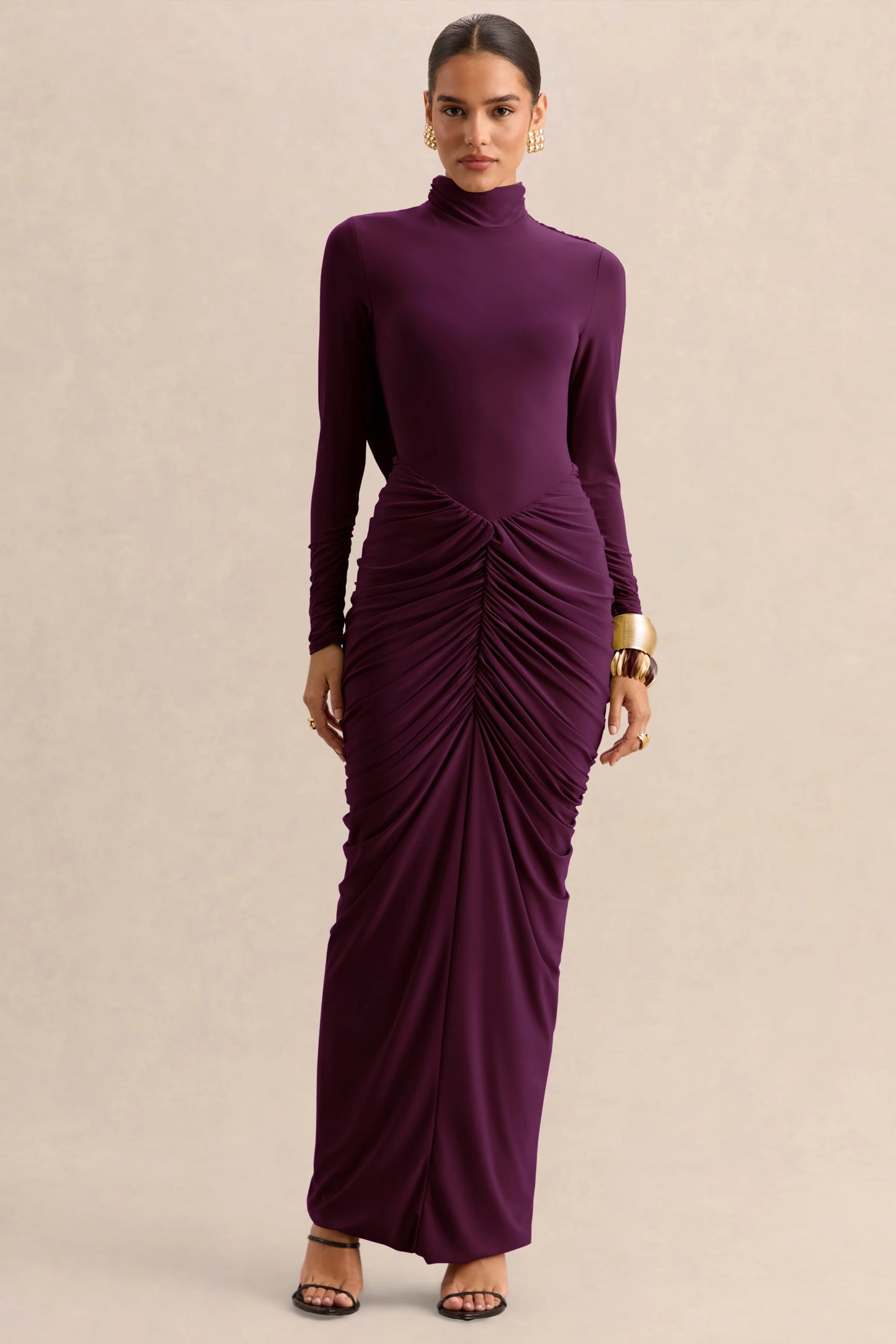 Harmona Dark Plum High-Neck Maxi Dress With Gathered And Draped-Detailing