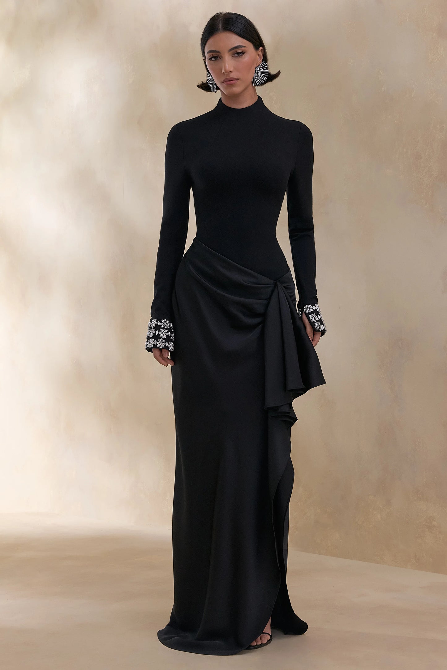 Starred Black High-Neck Maxi Dress With Satin Wrap-Skirt And Embellished Cuffs