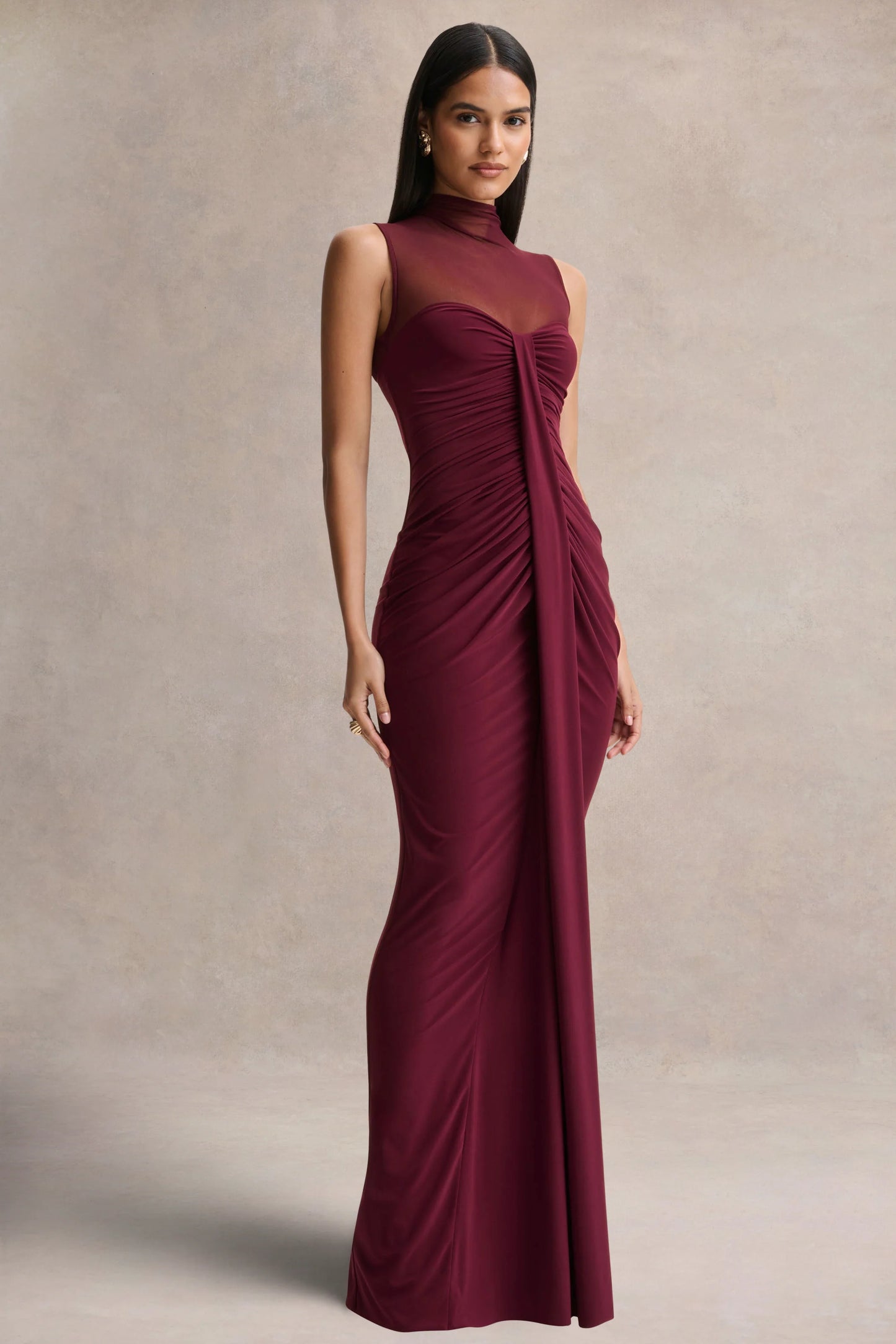 Brialle Burgundy High-Neck Maxi Dress With Mesh And Gathered-Detailing