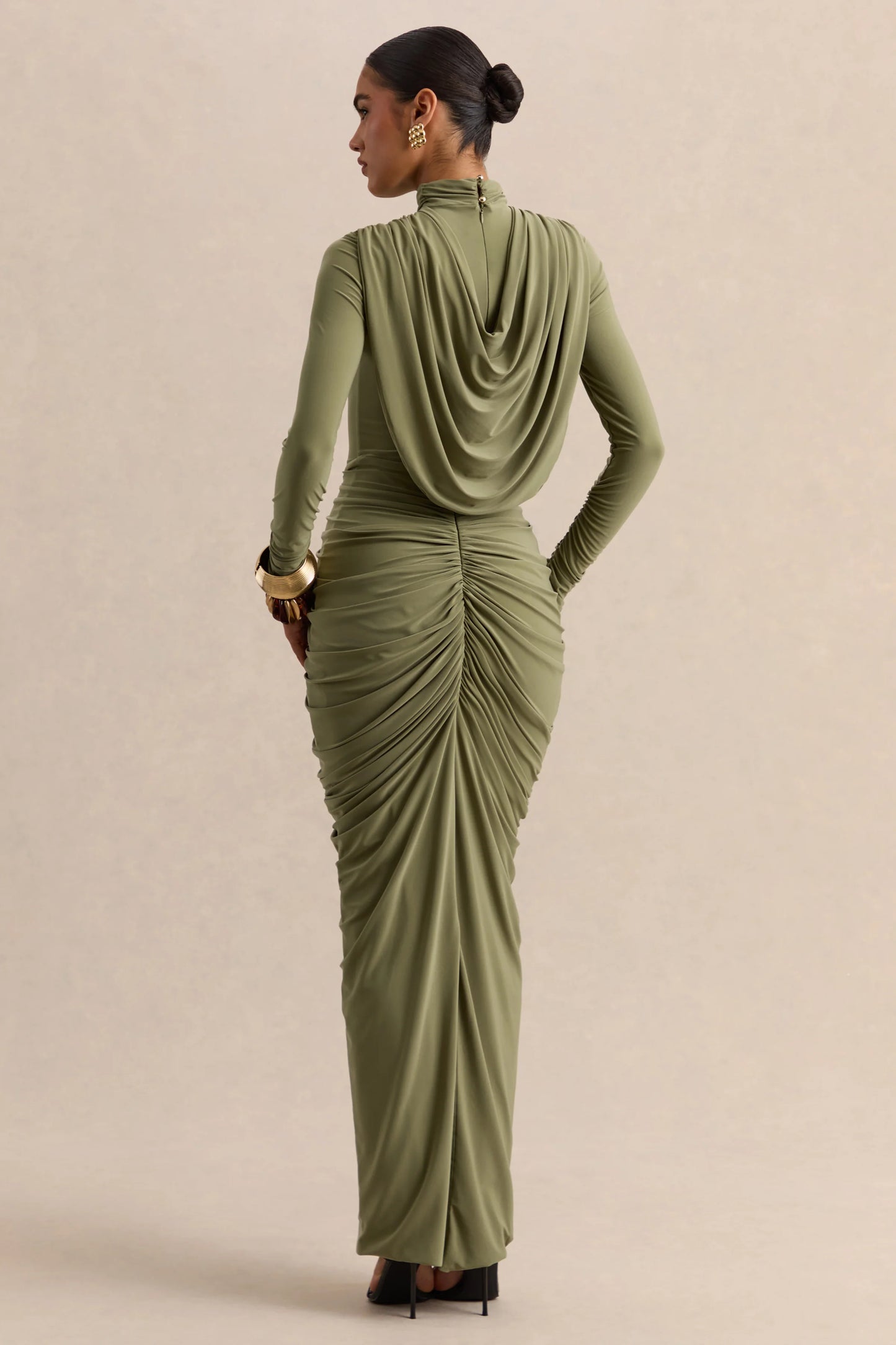 Harmona Olive High-Neck Maxi Dress With Gathered And Draped-Detailing
