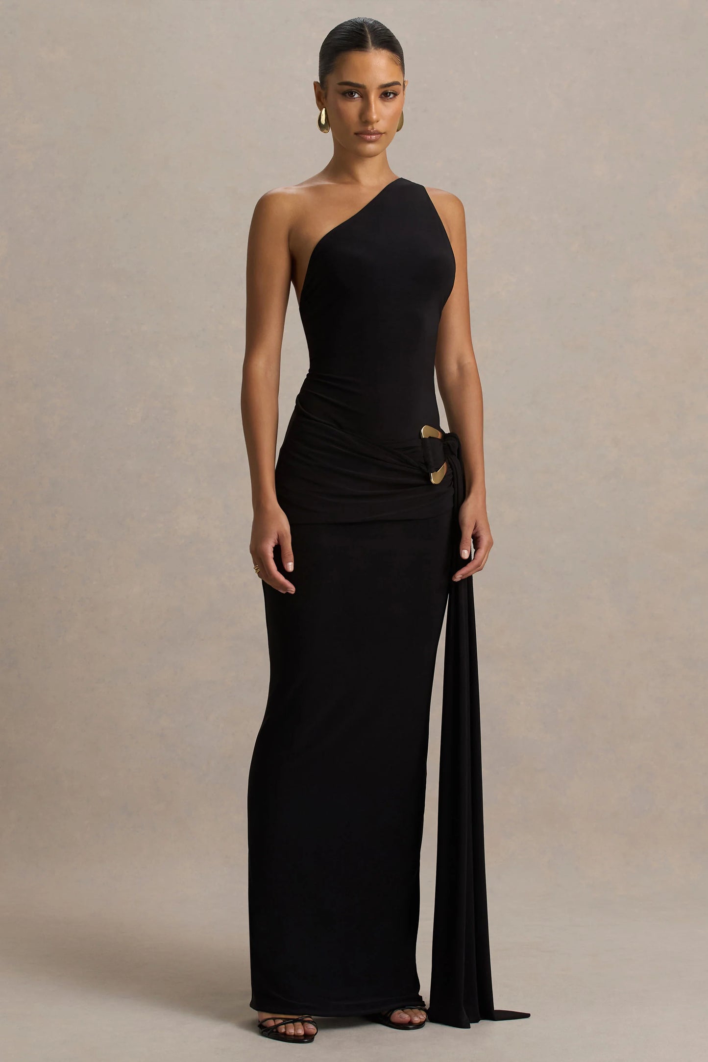 Bonnie Black Asymmetric-Neck Maxi Dress With Open-Back