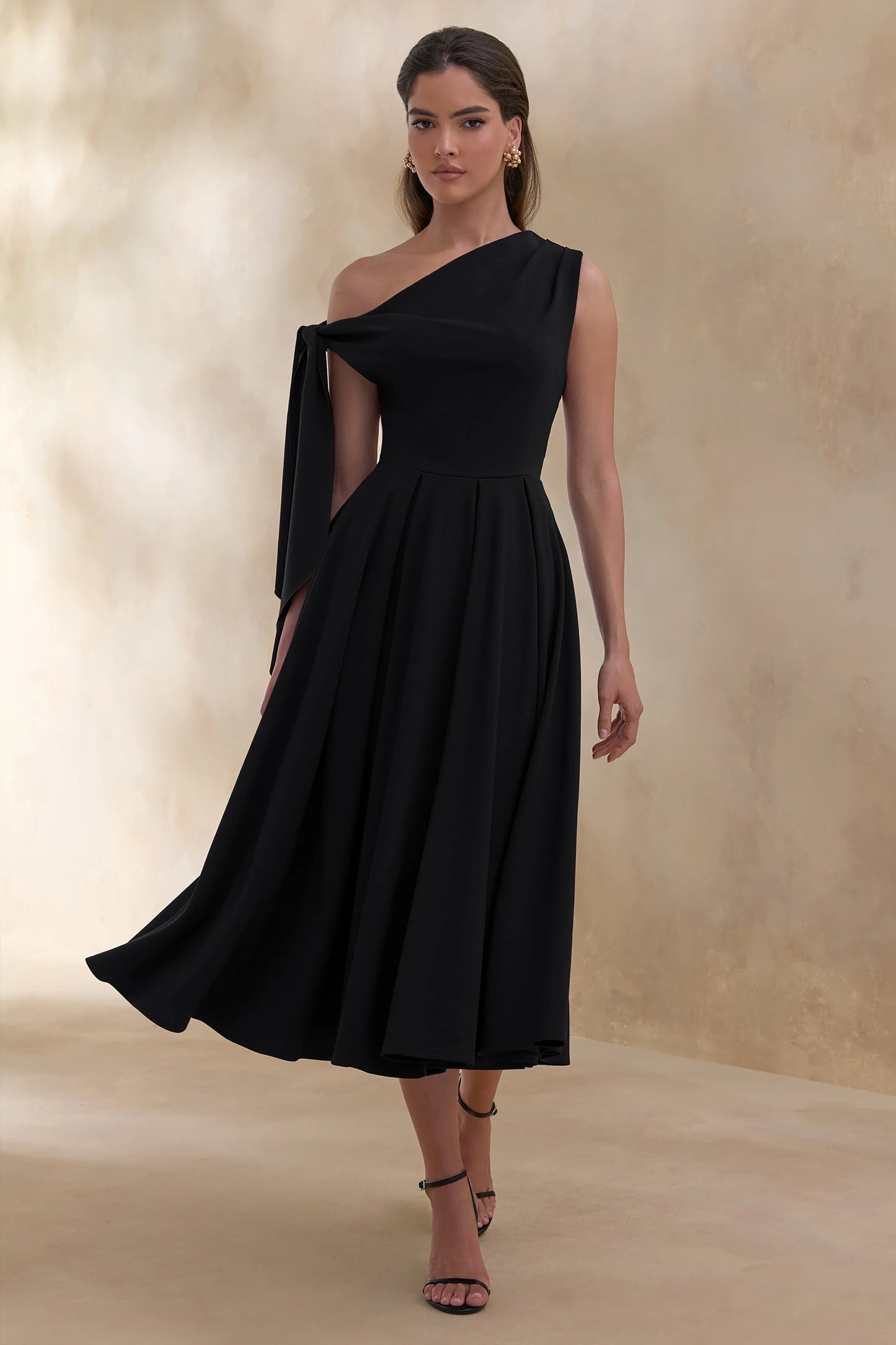 Daring Black Asymmetric-Neck Midi Dress With Knot-Detail