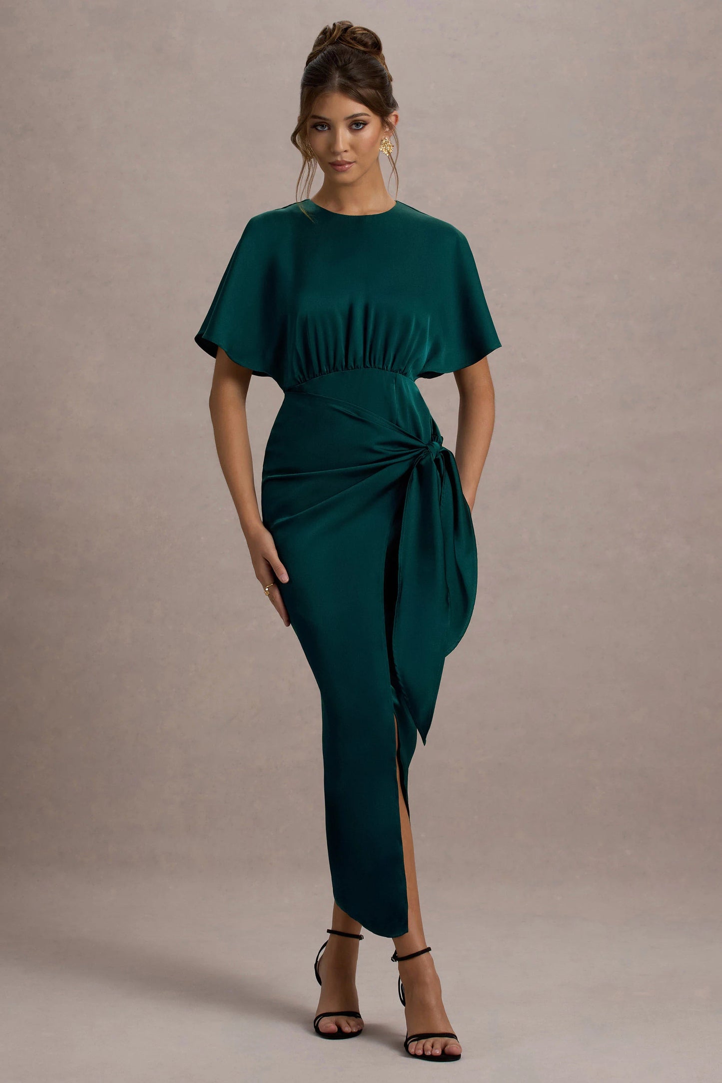 Mika Bottle Green Satin Short-Sleeve Wrap Maxi Dress