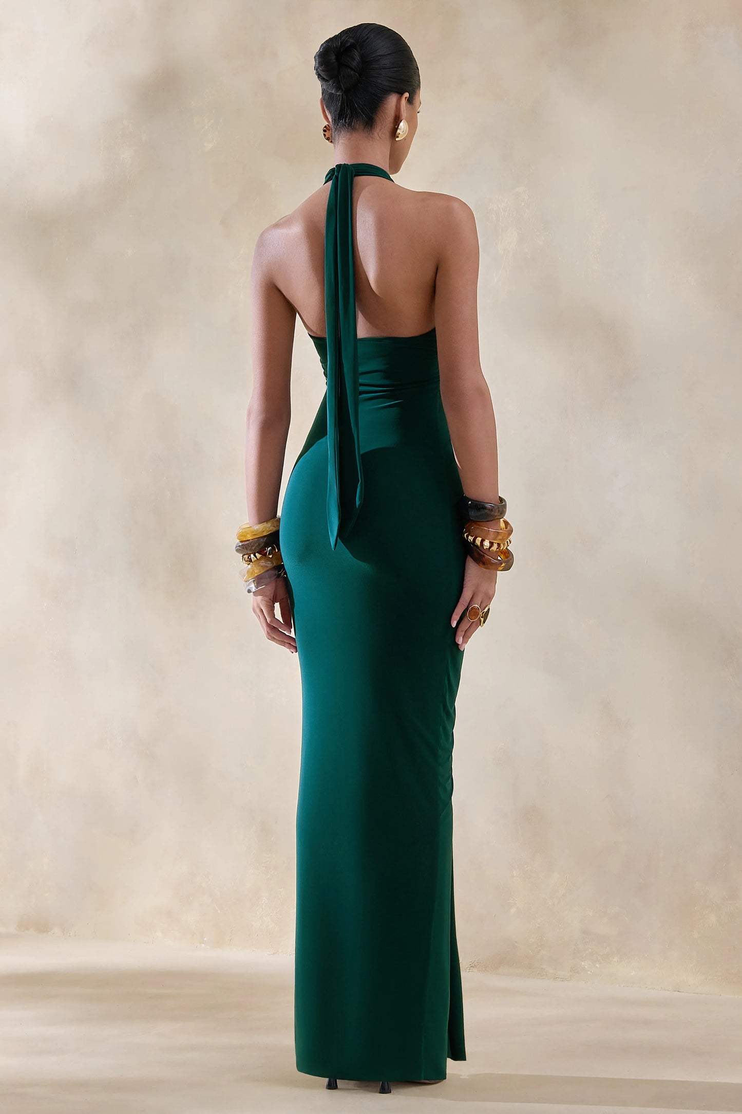 Lesley Bottle Green Plunge-Neck Maxi Dress