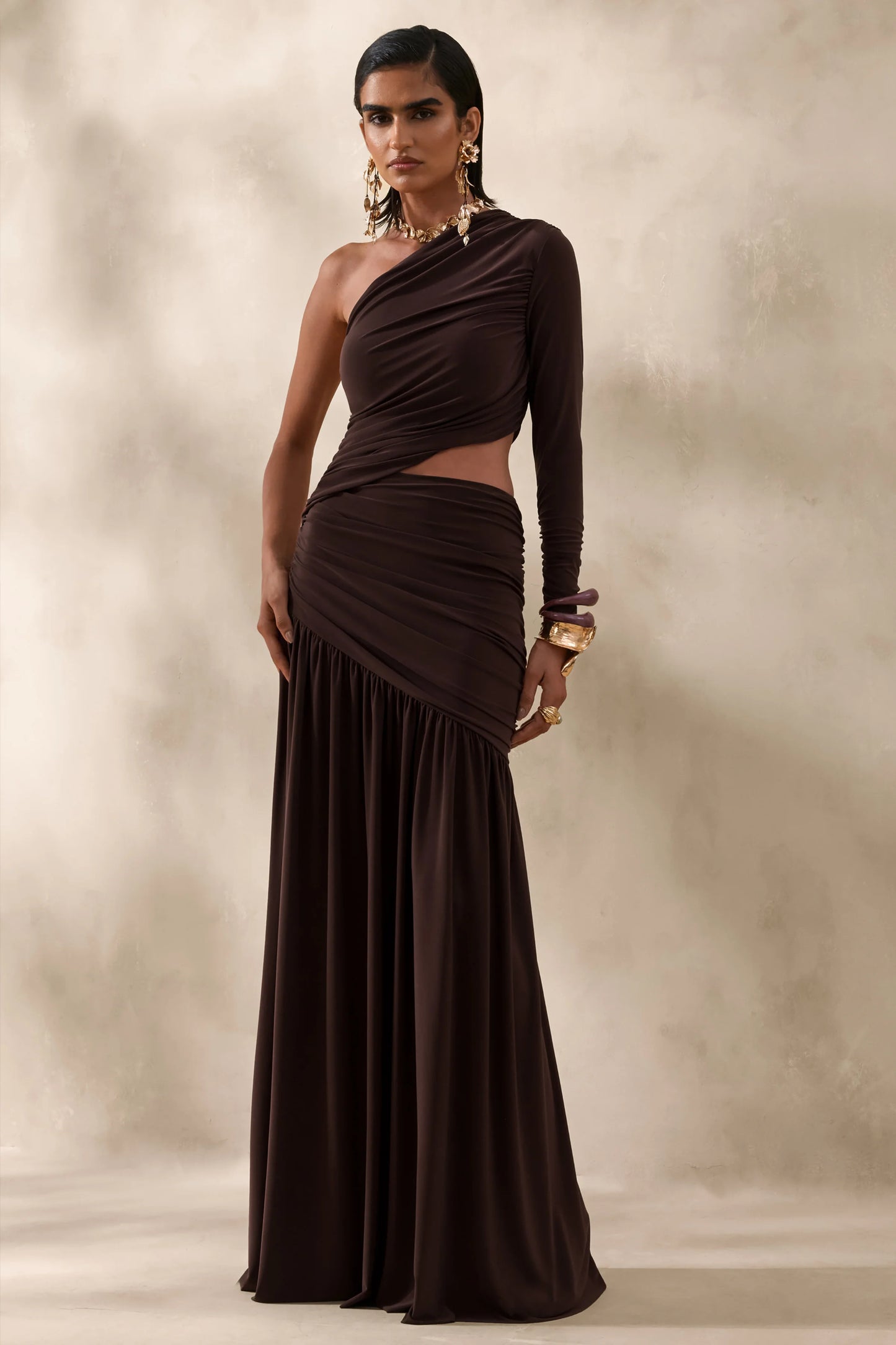Kinsley Brown Asymmetric-Neck Maxi Dress With Body Cut-Out Detail