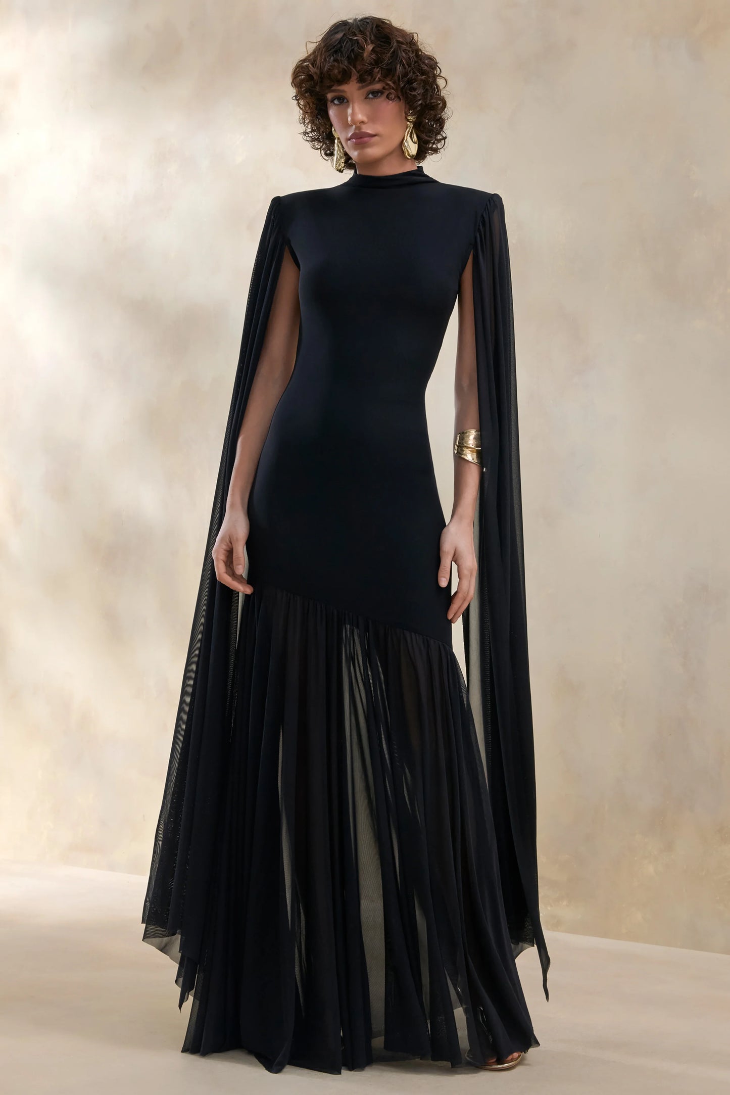 Chantelle Black High-Neck Maxi Dress With Drop-Waist And Cape-Sleeves