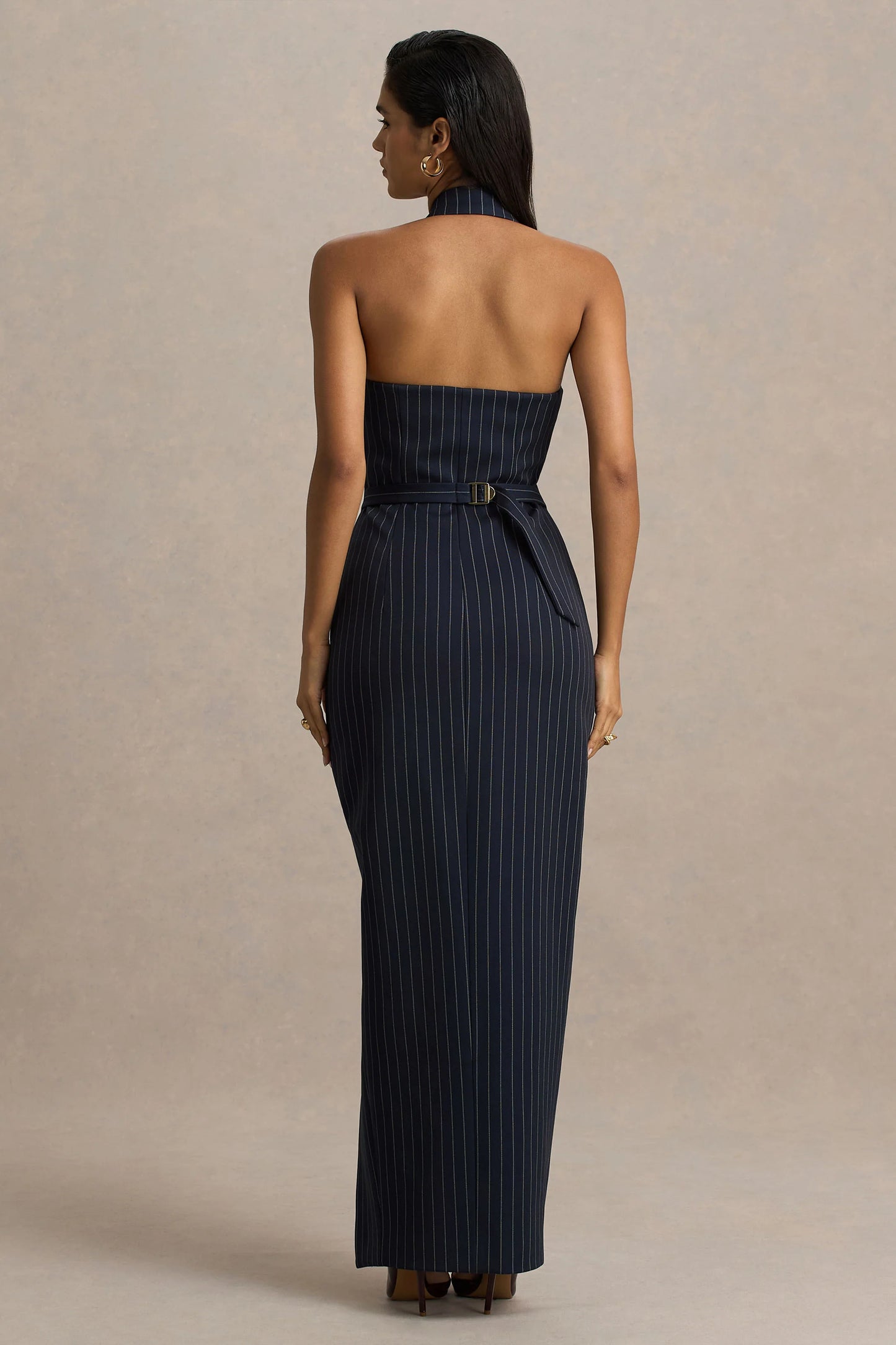 Eve Navy Pinstripe Plunge-Neckline Tailored Maxi Dress