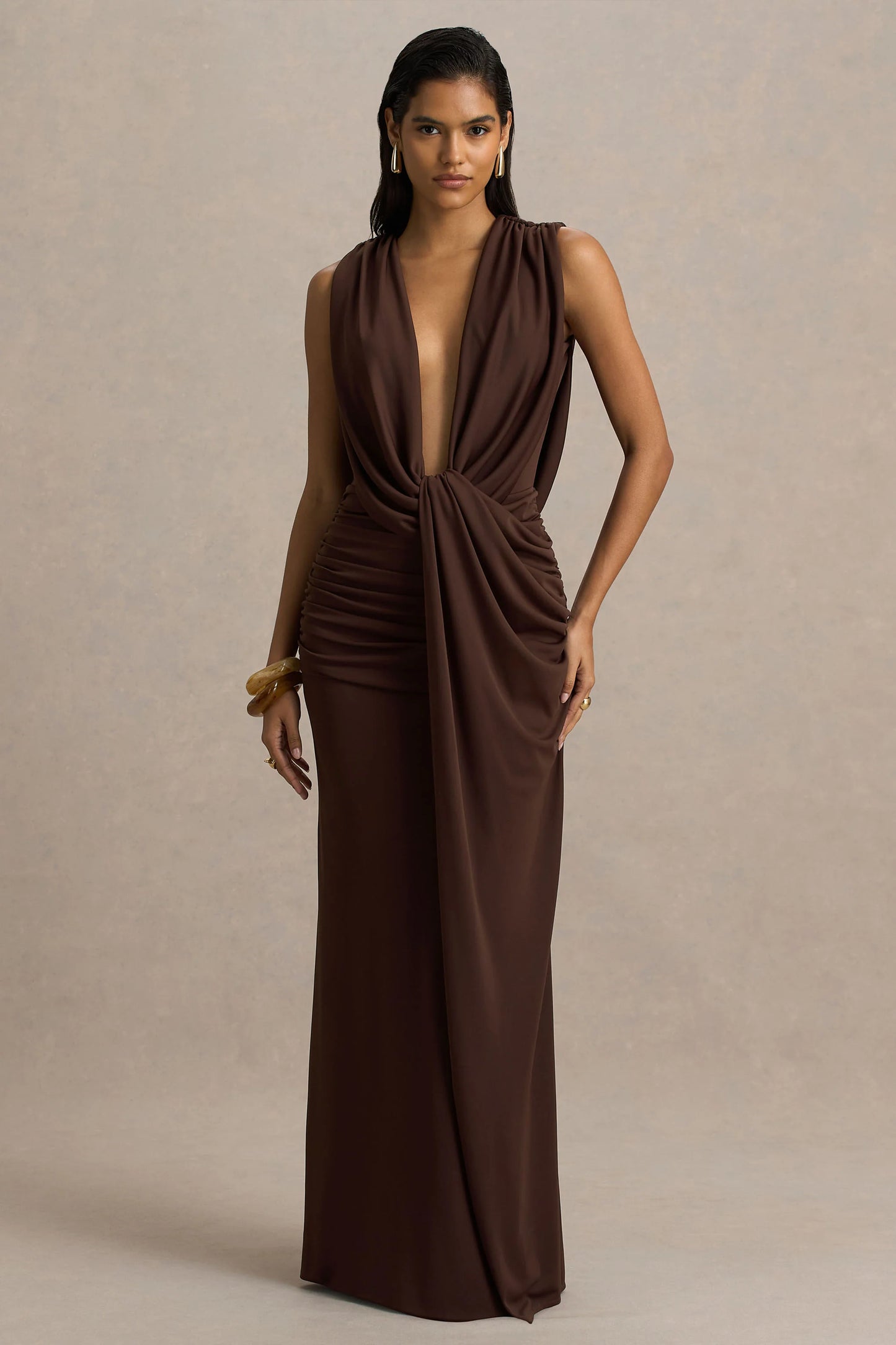 Serafina Chocolate Extreme-Plunge Neck Maxi Dress With Wrap And Ruched Details