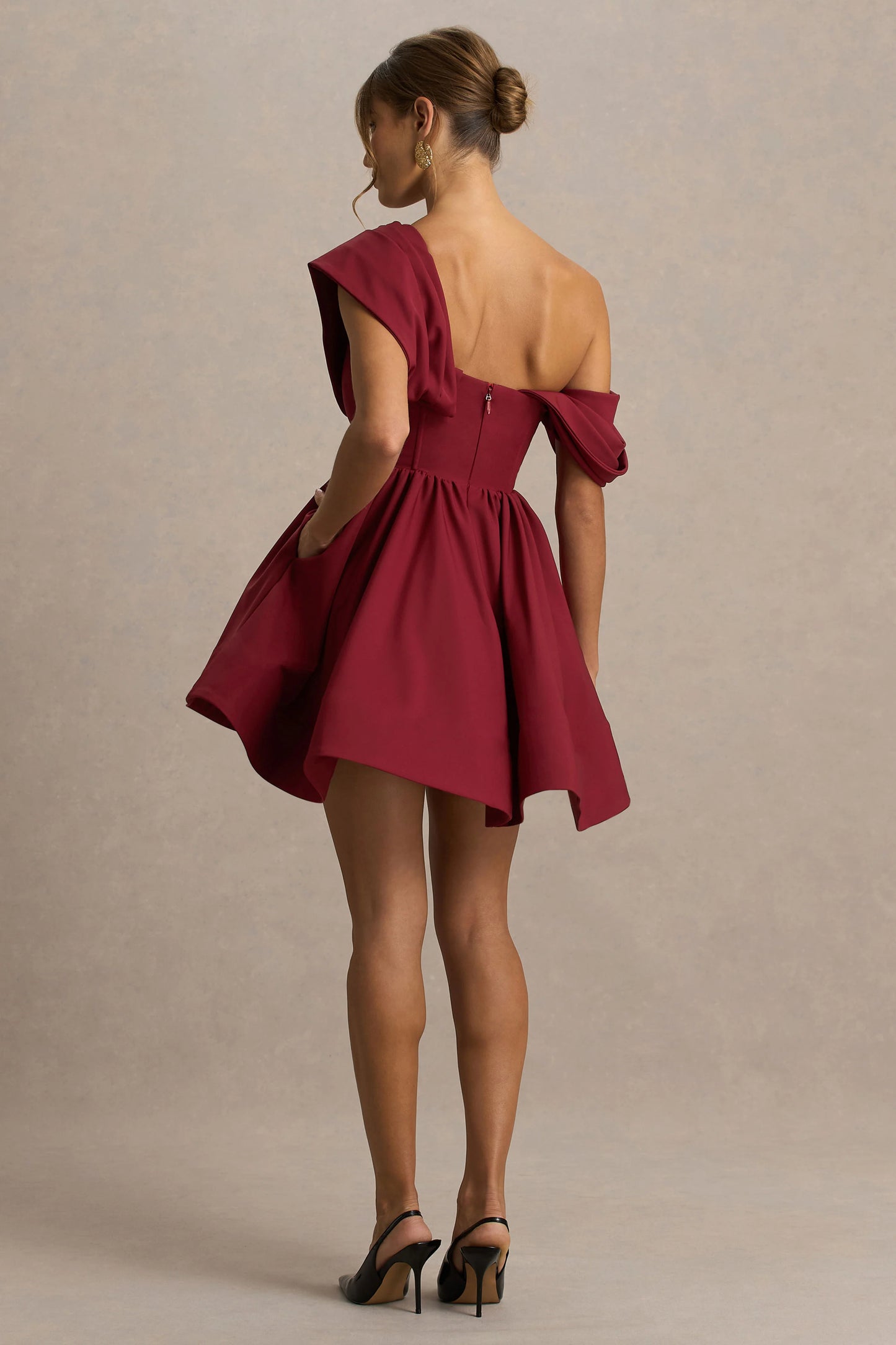 Verona Burgundy Draped Asymmetric-Neck Skater Mini Dress