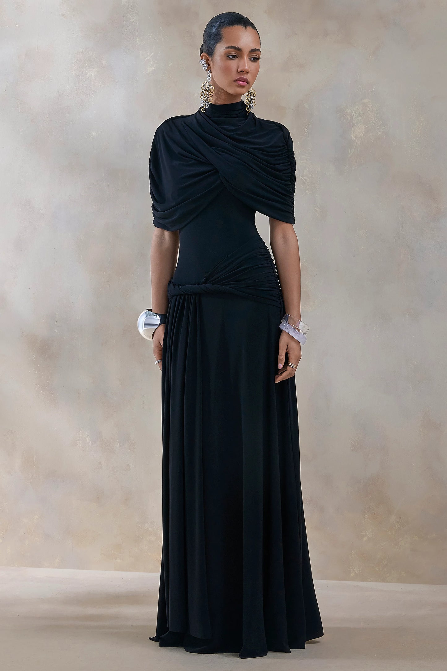 Evelisse Black High-Neck Maxi Dress With Short-Cape Sleeves