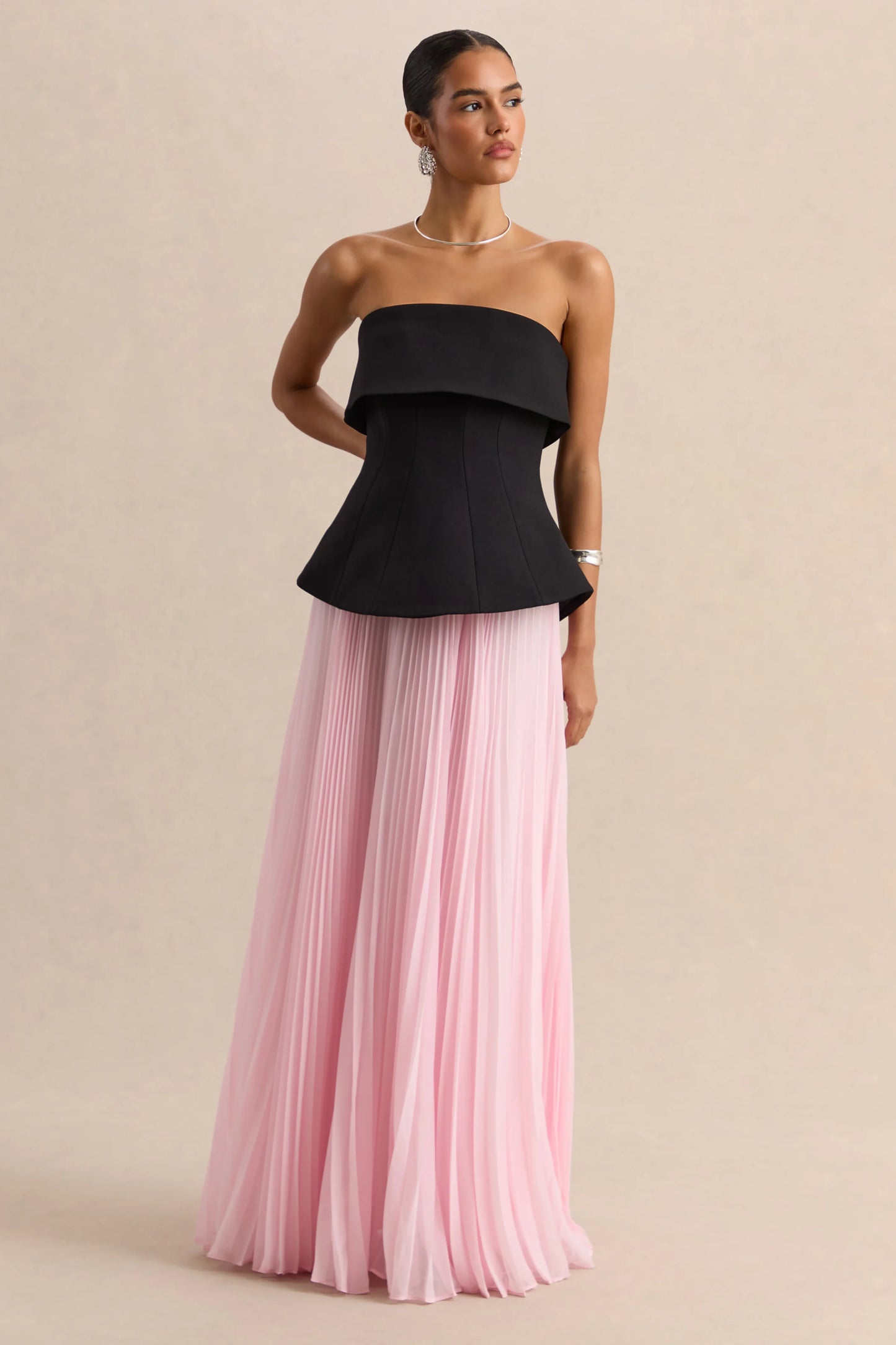 Stellara Black & Pink Bandeau Corset Maxi Dress With Sheer Skirt