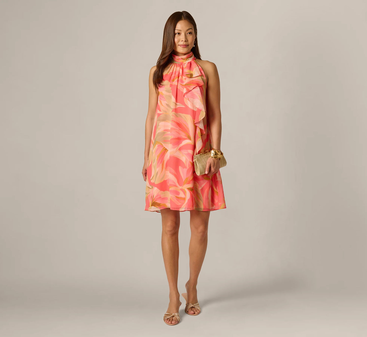 Draped Petal Floral Short Trapeze Dress In Coral Multi