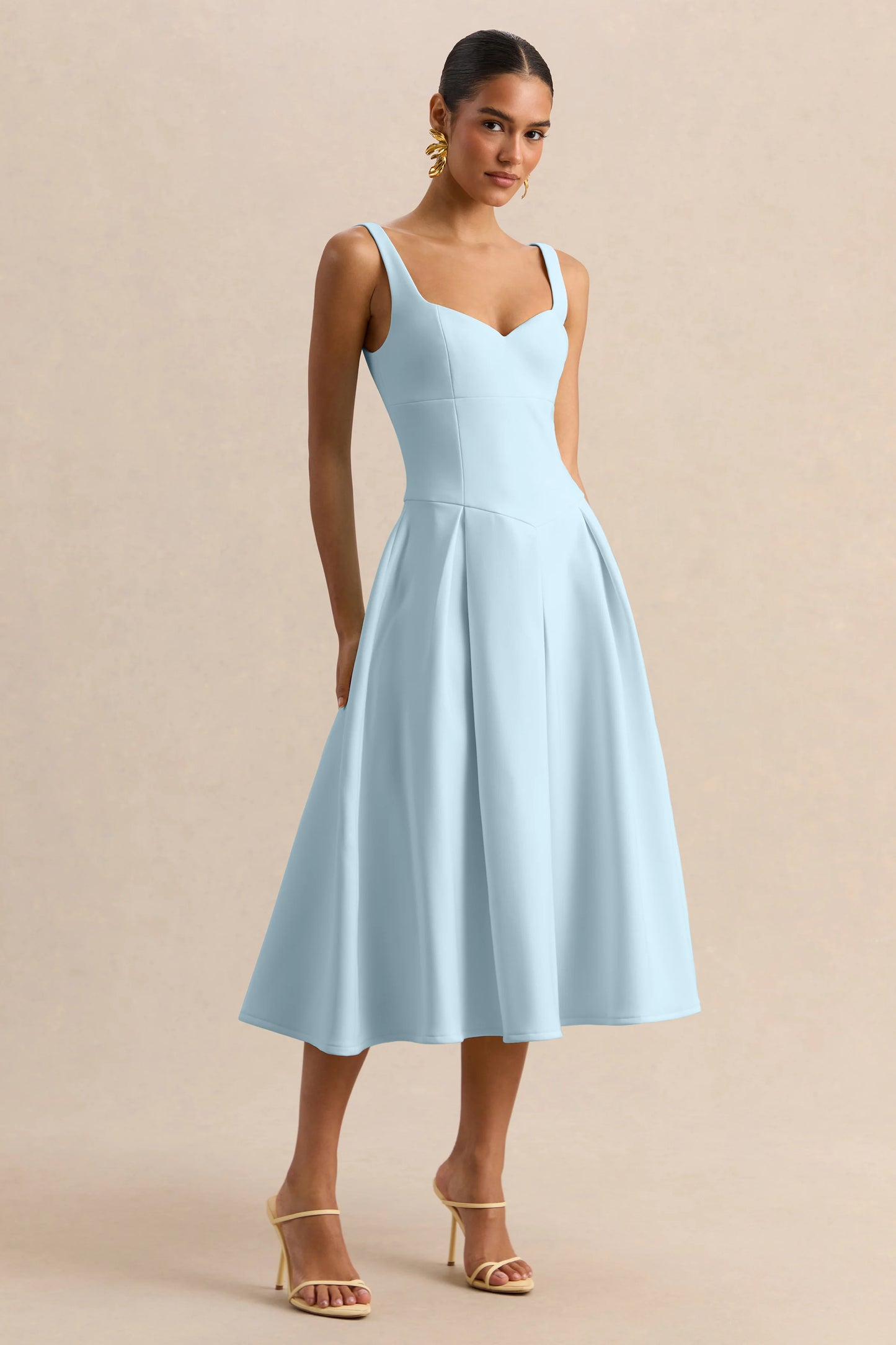 Greta Powder-Blue Sweetheart-Neck Midi Dress