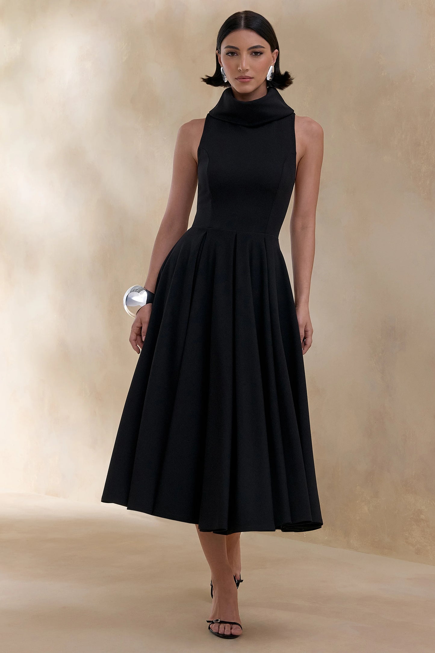 Exclusivity Black High-Neck Midi Dress
