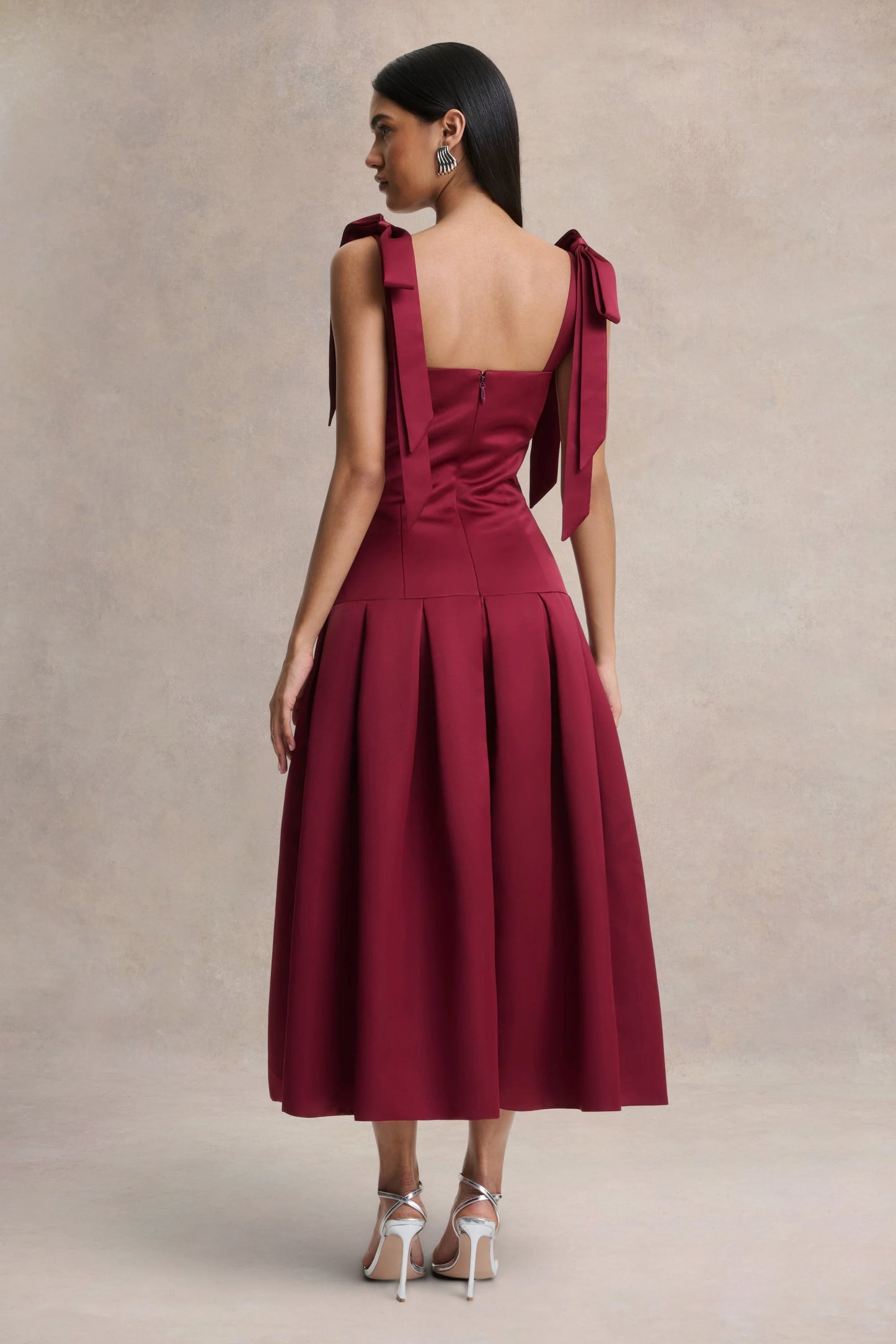 Alberta Burgundy Satin Square-Neck Midi Dress With Bow Straps