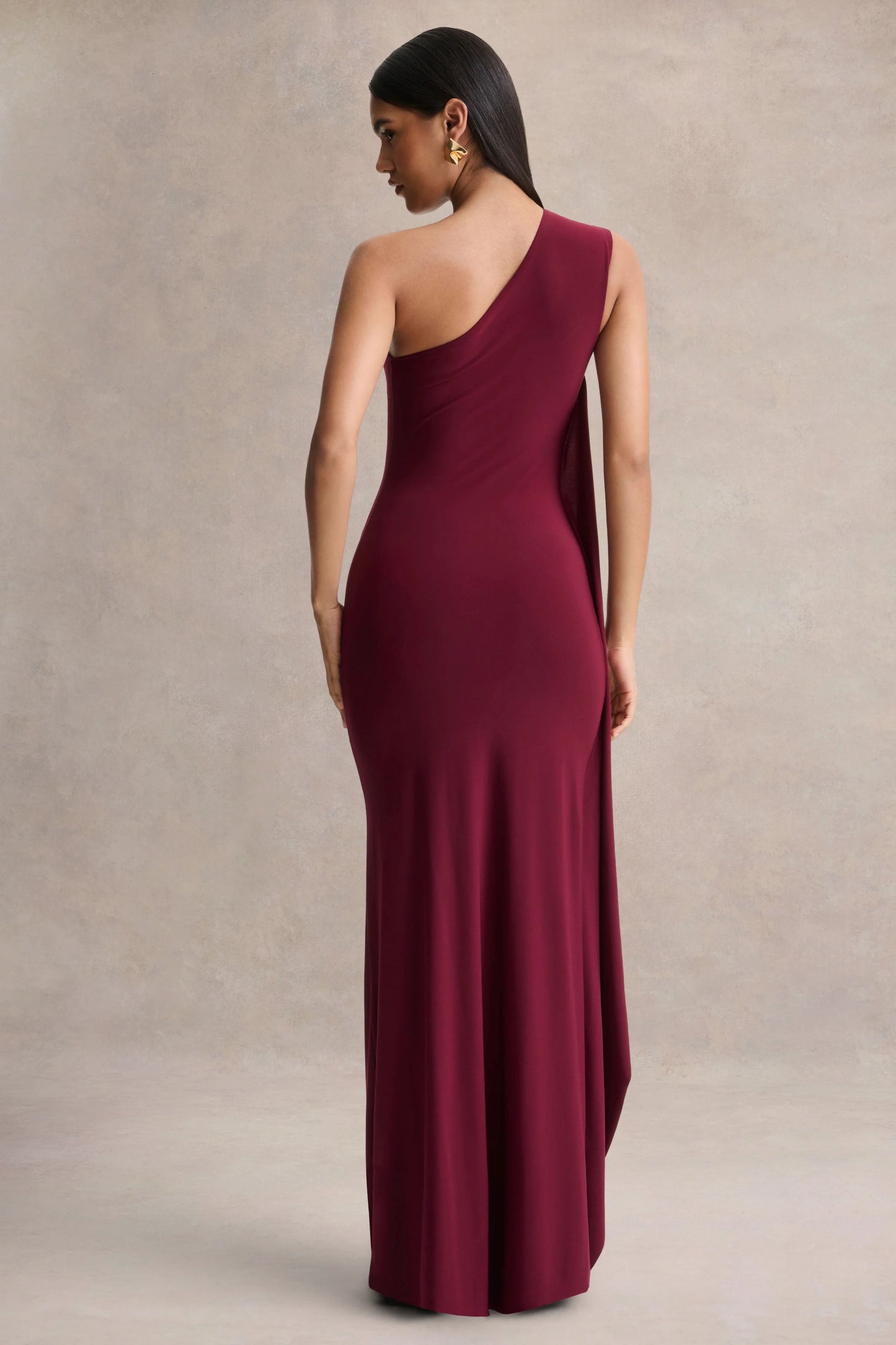 Adelina Burgundy One-Shoulder Maxi Dress With Drape