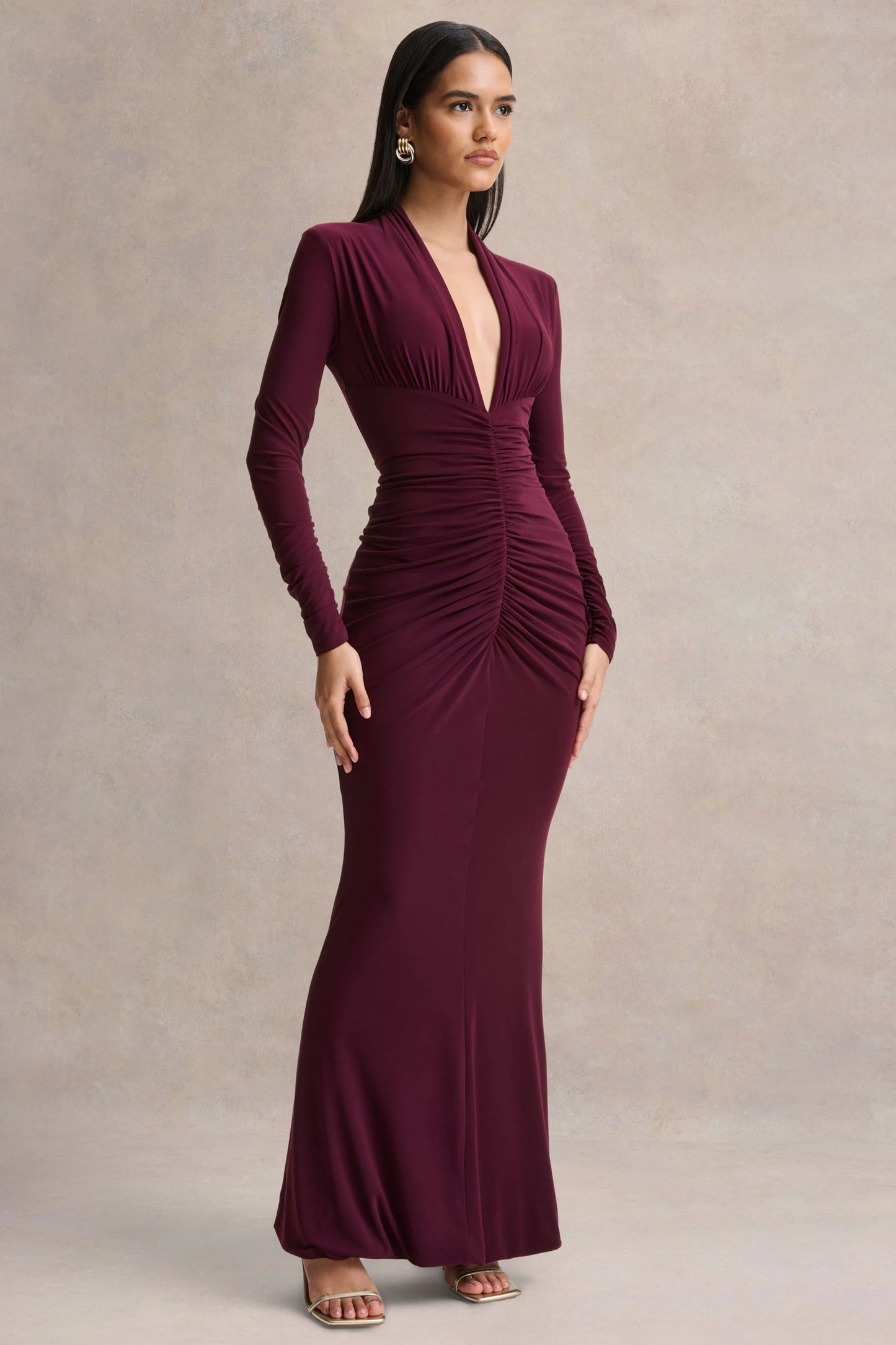 Tami Plum Plunge-Neck Long Sleeve Maxi Dress